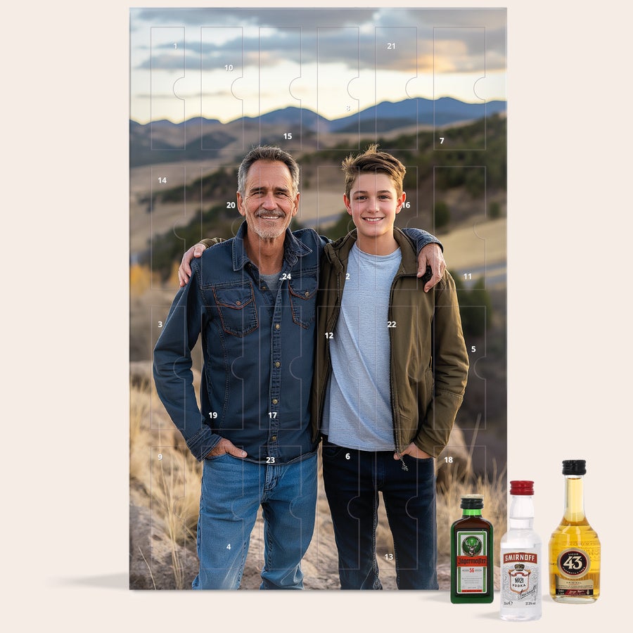 Kalendarz adwentowy z alkoholem Personalizowany kalendarz odliczający z własnym zdjęciem i 24 minibutelkami alkoholu, aby zaskoczyć ich odliczaniem i zaserwować im smaczny drink.