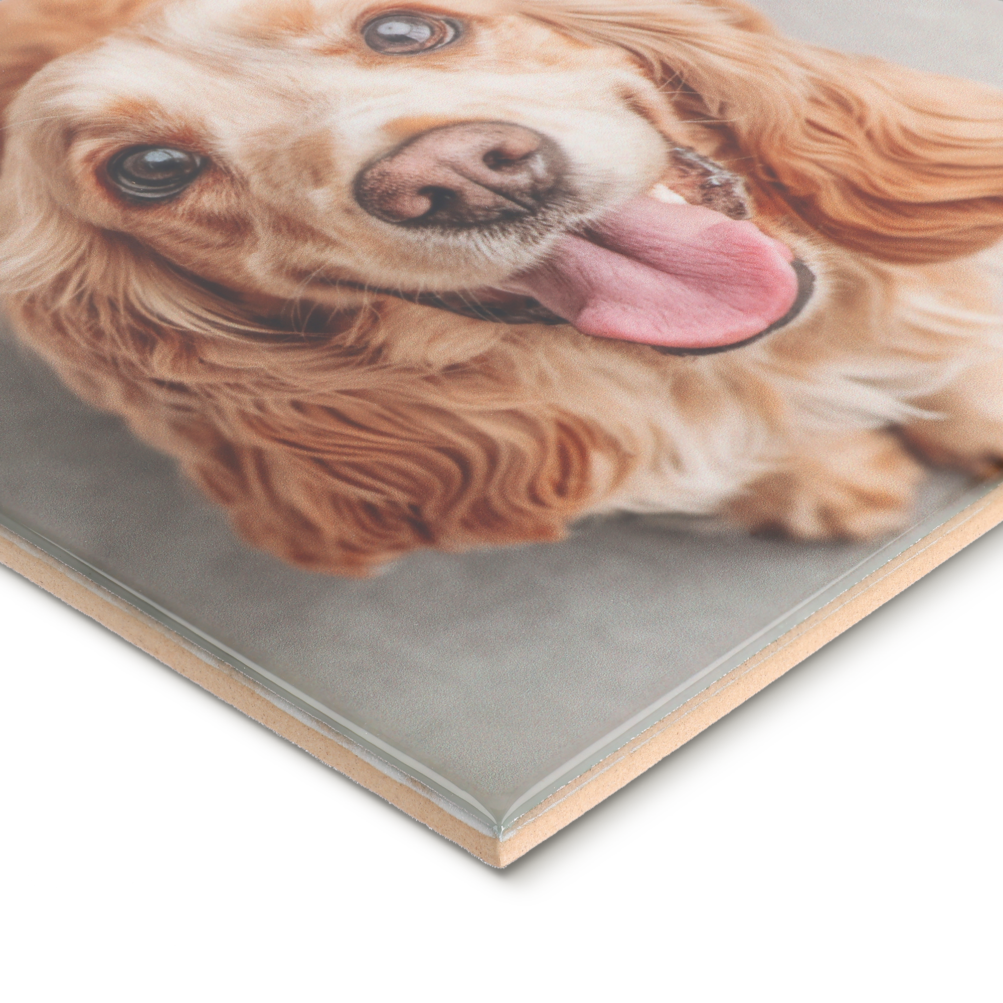 Carreau à dicton personnalisé avec photo d un chien cocker souriant, langue dehors, imprimée sur la surface