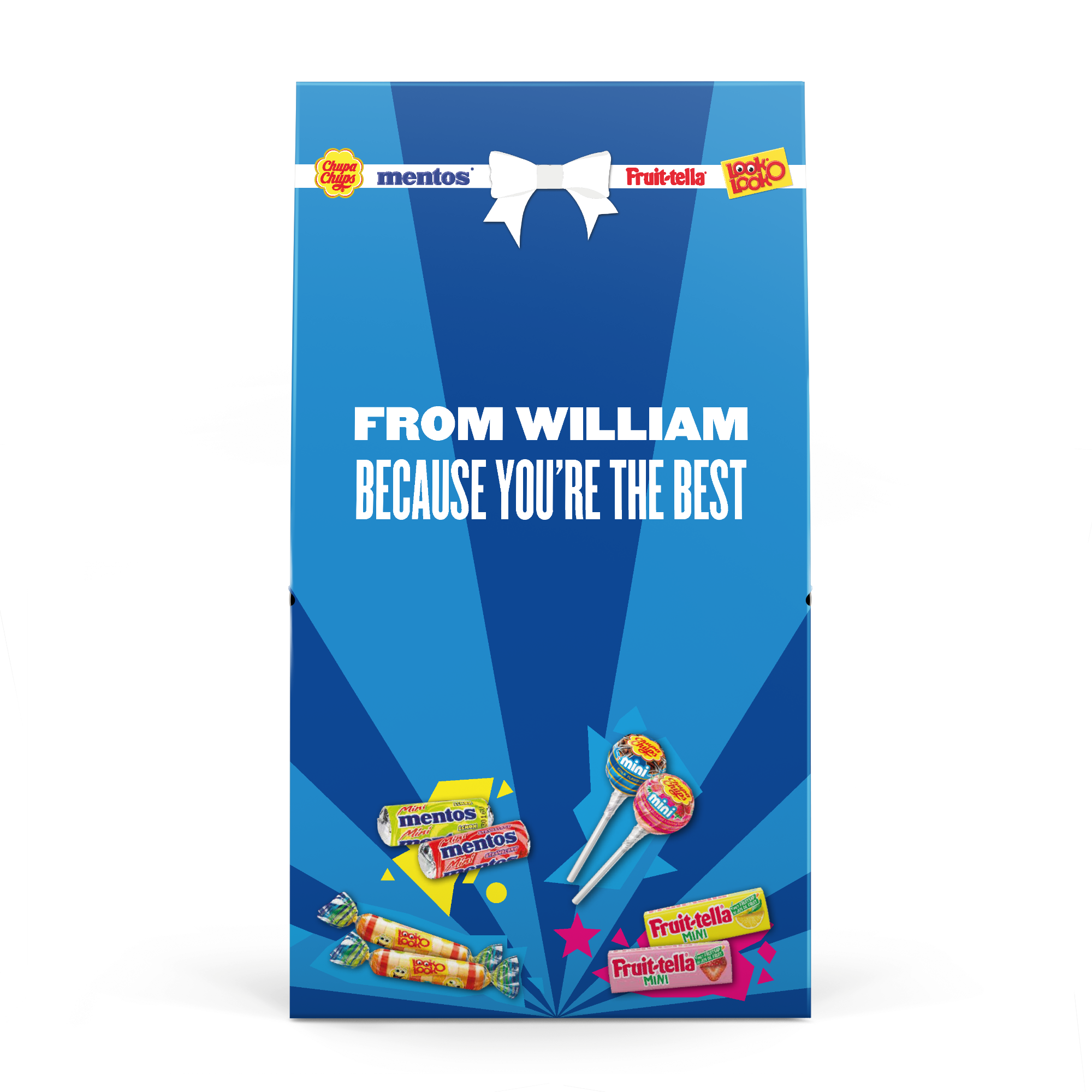Personalised Fruit-tella candy mix box, blue design, printed with "FROM WILLIAM BECAUSE YOURE THE BEST".