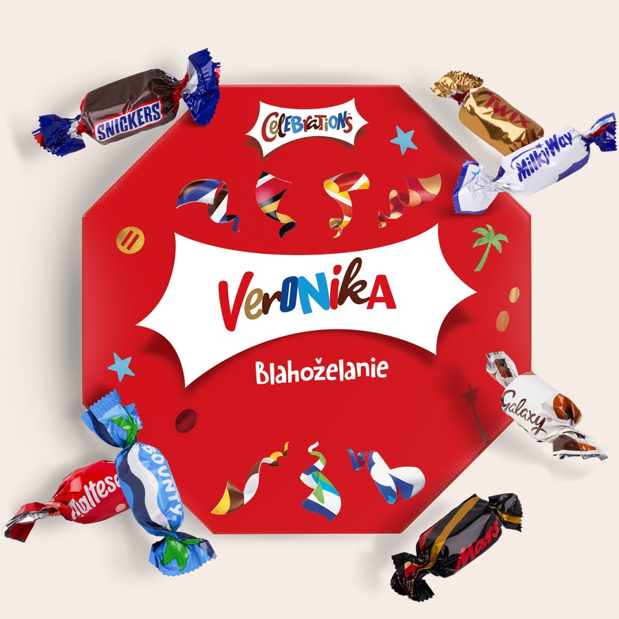 Krabička Celebrations s menom Personalizovaná krabička Celebrations s menom Veronika a nápisom Blahoželanie na červenom obale s čokoládami.