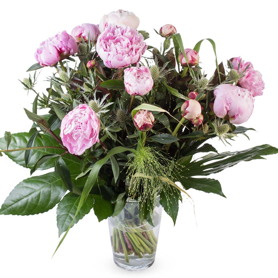 Boeket Bloemen – Pioenrozen (Groot) in een vaas, te personaliseren met een kaartje of lint.