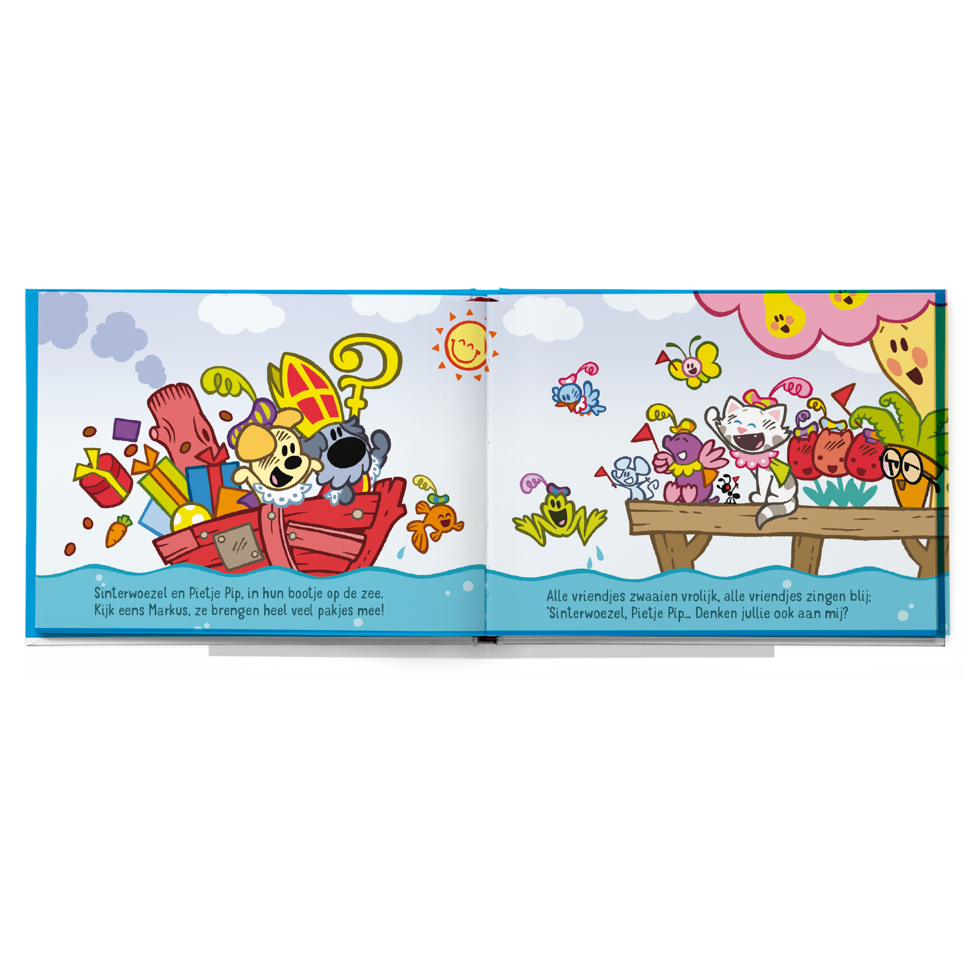 Woezel & Pip Hallo Sinterklaas kinderboek met gepersonaliseerde naam. Prachtig te personaliseren boek met Woezel & Pip die cadeautjes brengen.
