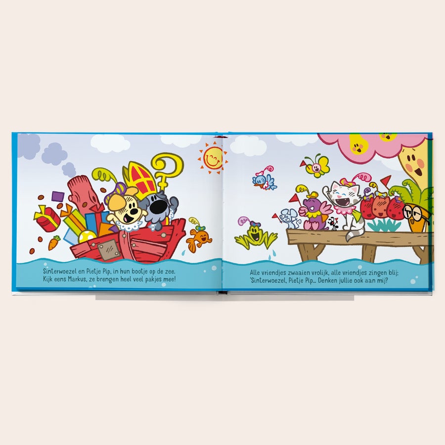 Woezel & Pip "Hallo Sinterklaas" personaliseren Woezel & Pip Hallo Sinterklaas kinderboek met gepersonaliseerde naam. Prachtig te personaliseren boek met Woezel & Pip die cadeautjes brengen.