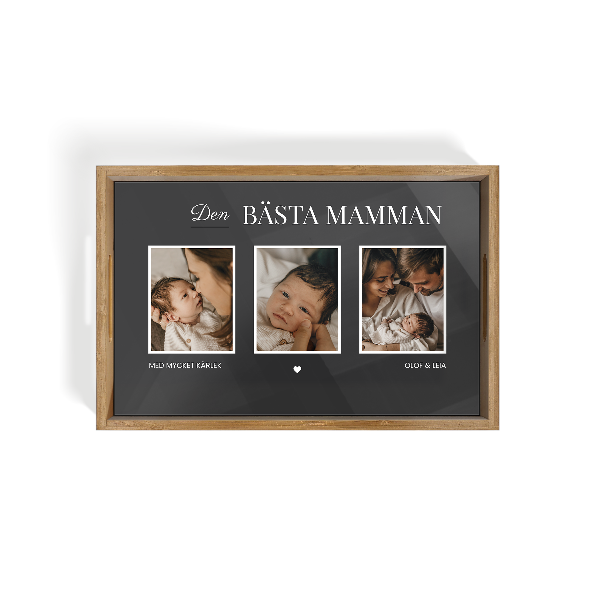 Personligt fotobricka – Rektangel – Beige – 23,5 x 37 cm med tre tryckta foton och texten 