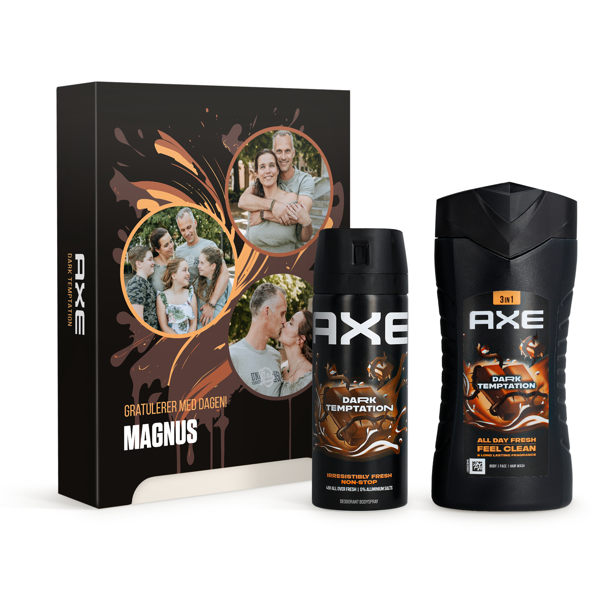 Personlig øksegavesett - Dark Temptation med dusjsåpe, bodyspray, og eske trykket med bilder og teksten Gratulerer med dagen! Magnus.