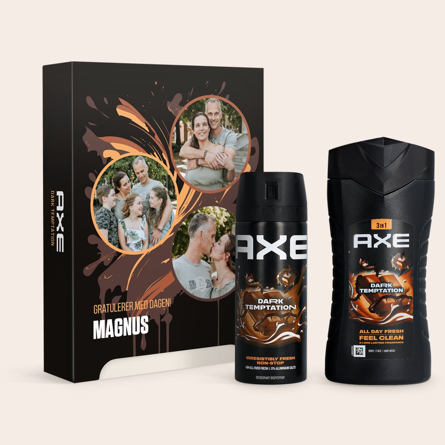 Personlig øksegavesett - Dark Temptation Personlig øksegavesett - Dark Temptation med dusjsåpe, bodyspray, og eske trykket med bilder og teksten Gratulerer med dagen! Magnus.
