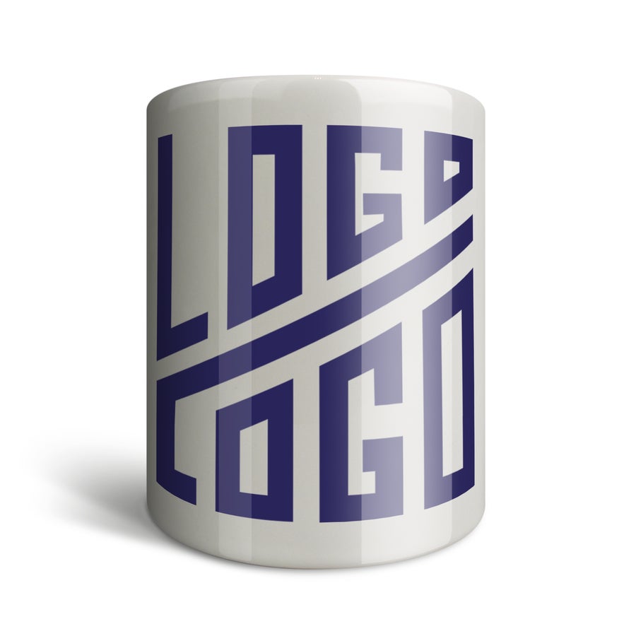 Cutie de bani personalizata Cutie de bani personalizată albă din ceramică, imprimată cu un design abstract albastru, cu textul „LOGO”.