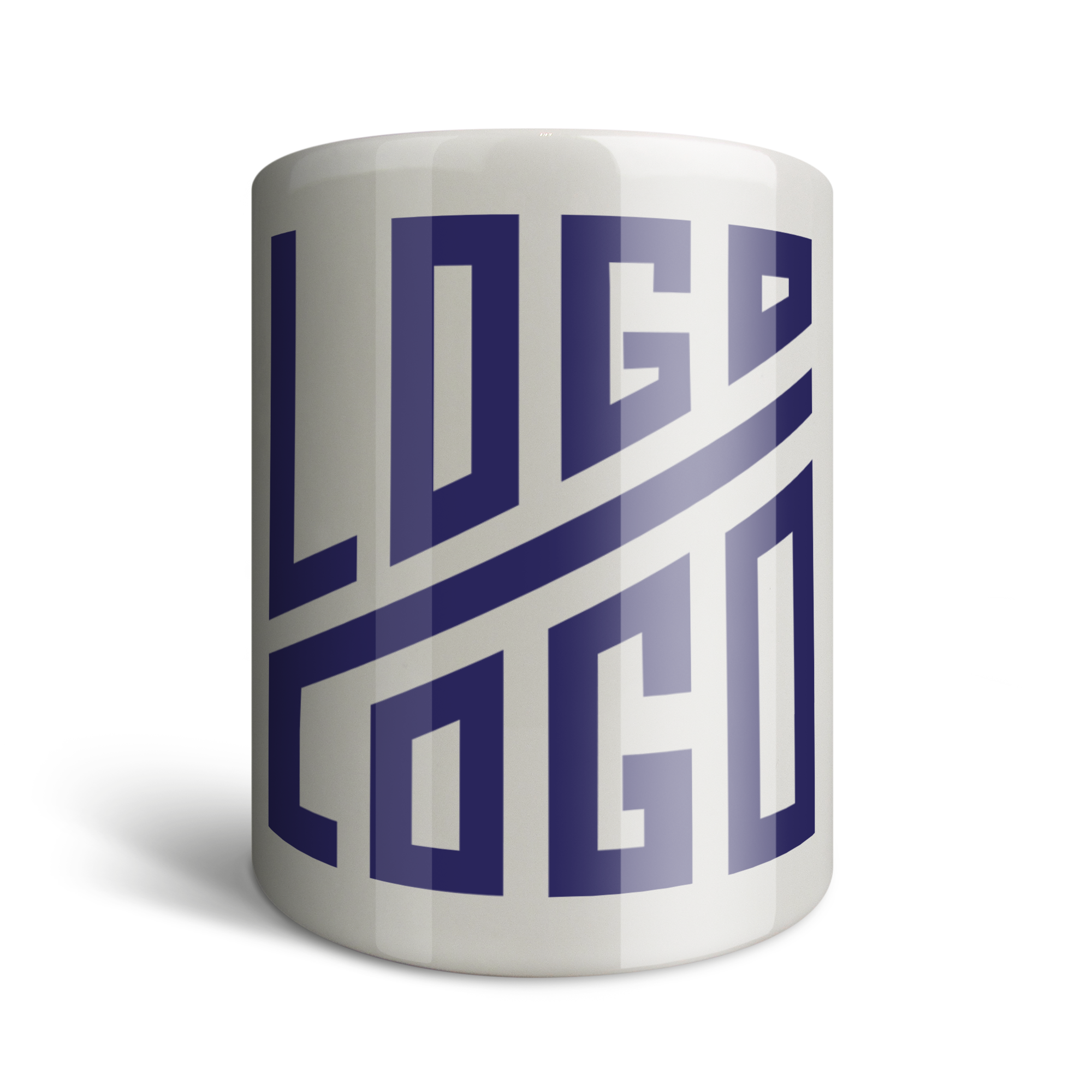 Cylindrisk vit keramik sparbössa med texten LOGO i blått som tryck, personlig pengalåda för egen design