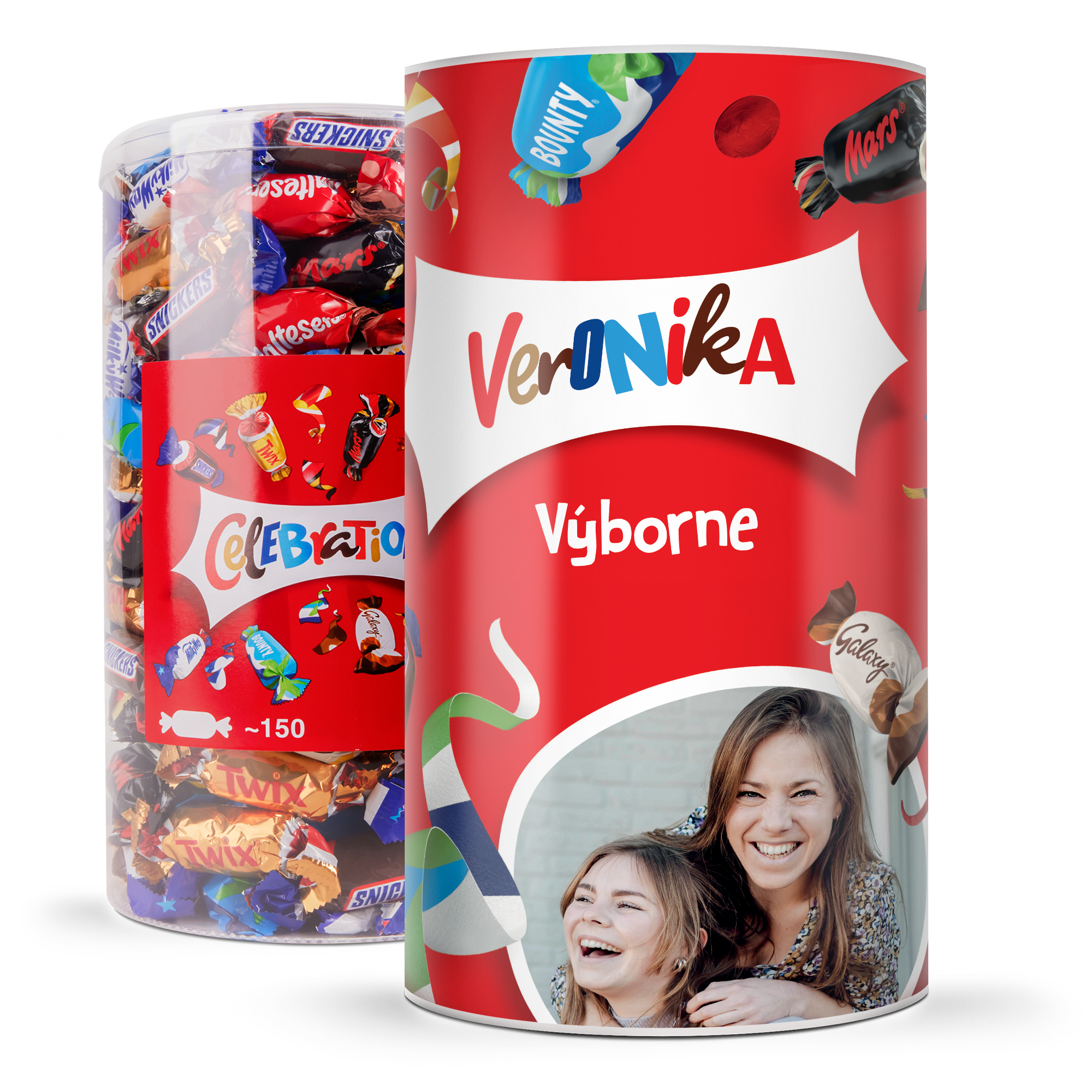 Čo oslávite s personalizovanou fľašou Celebrations s menom Veronika, fotografiou dvoch usmievajúcich sa žien a obľúbenými sladkosťami?
