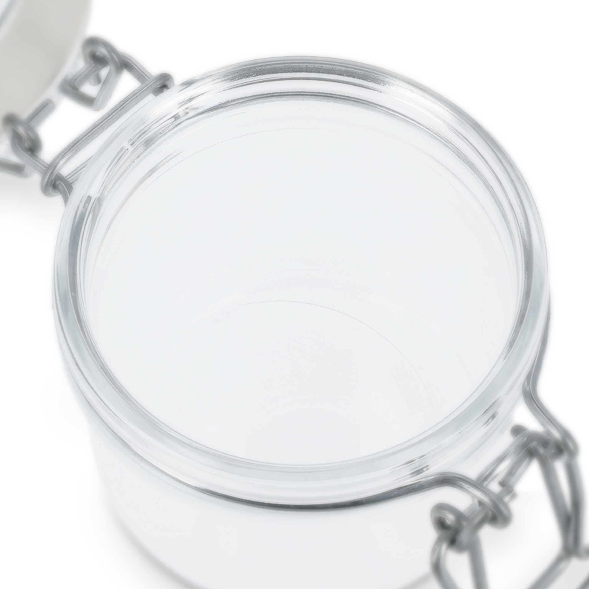 Henkilökohtainen lasipurkki kannella 200 ml, avoin ja tyhjä.