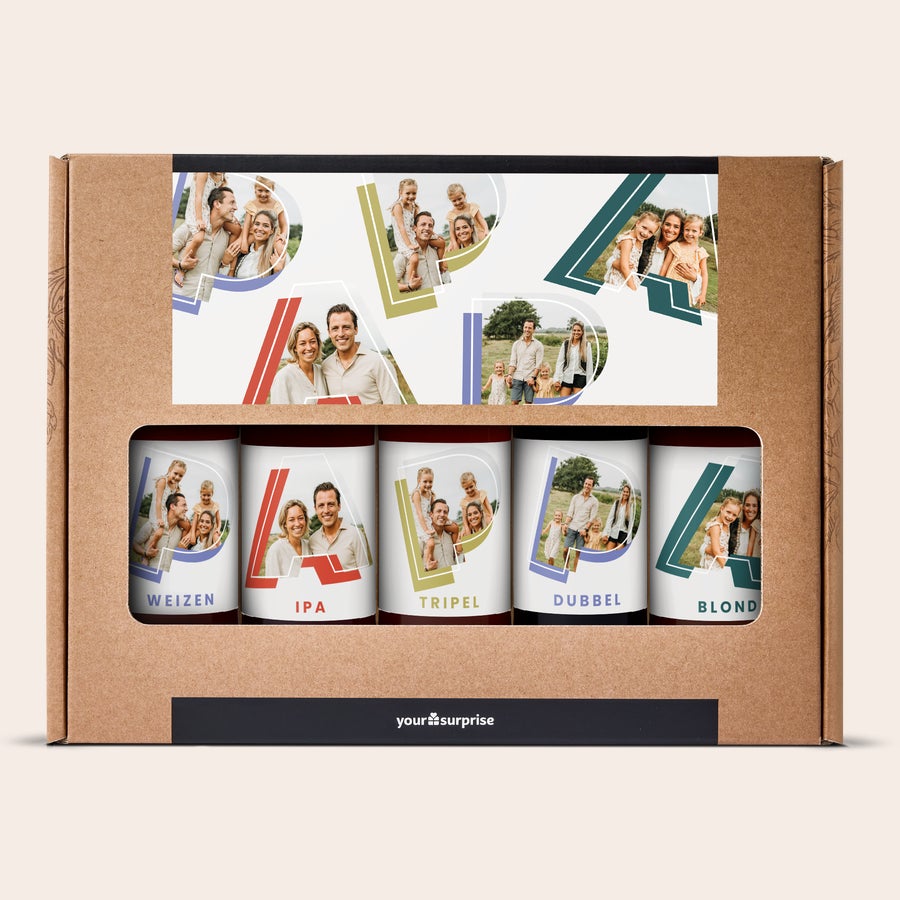 Din personliga ölkollektion Personligt ölset med fem flaskor, designa etiketter med egna foton och text till en ölälskare