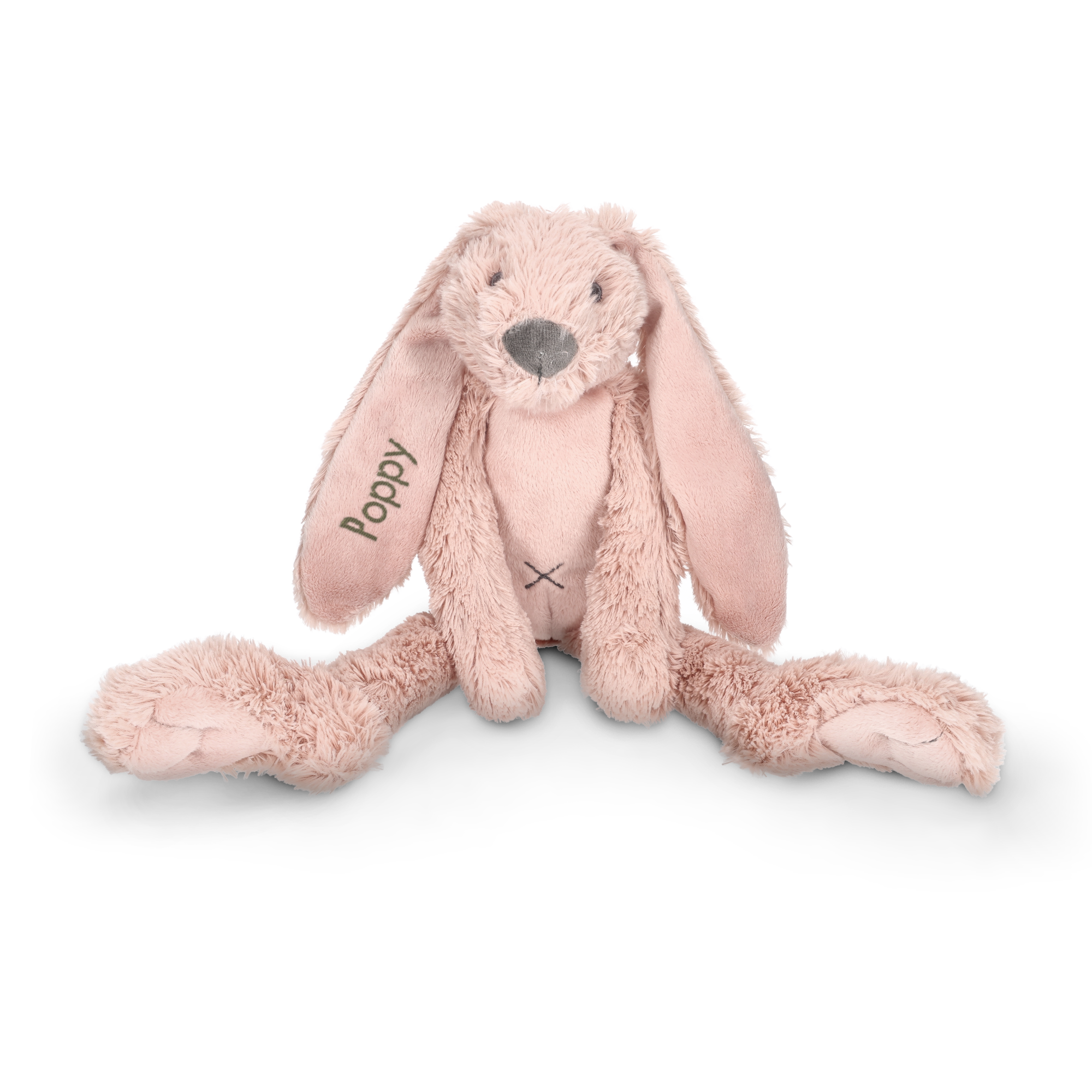 Coelho Richie de pelúcia rosa, com nome Poppy bordado em cinza na orelha esquerda. Surpreenda o amorzinho da sua vida com este coelho Richie personalizado com o nome que desejar.