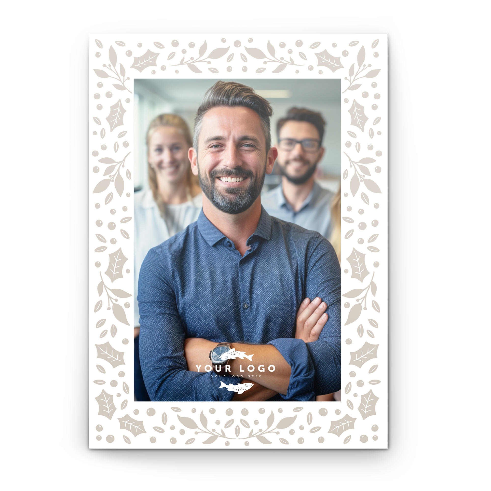 Felicitare personalizată cu fotografie și model festiv, tipărită cu imaginea unui bărbat zâmbitor, pentru a sărbători o aniversare.