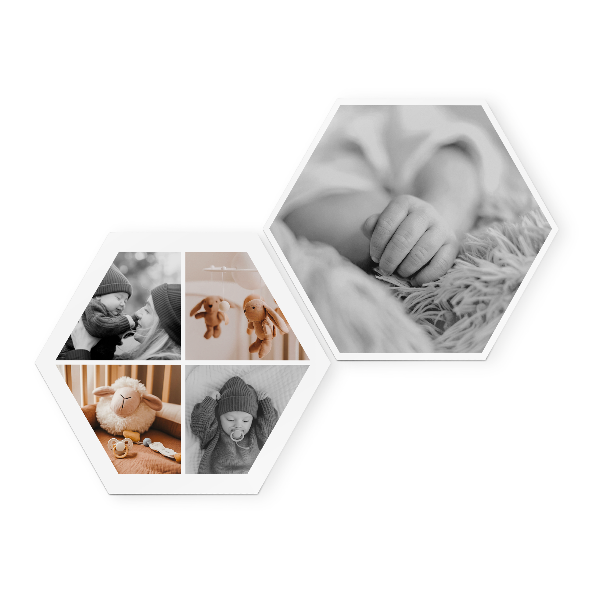 Sechseckige Wandbilder aus Holz mit gedrucktem Foto eines Babys und Familie. Dekorieren Sie Ihre Wand mit Wandbildern aus Holz mit Ihrem Design.