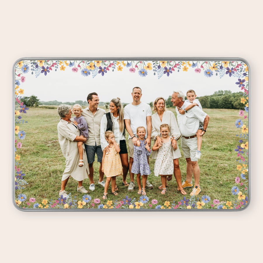 Personalised Côte d'Or biscuit tin Personalised gift tin printed with a family photo and a floral border.