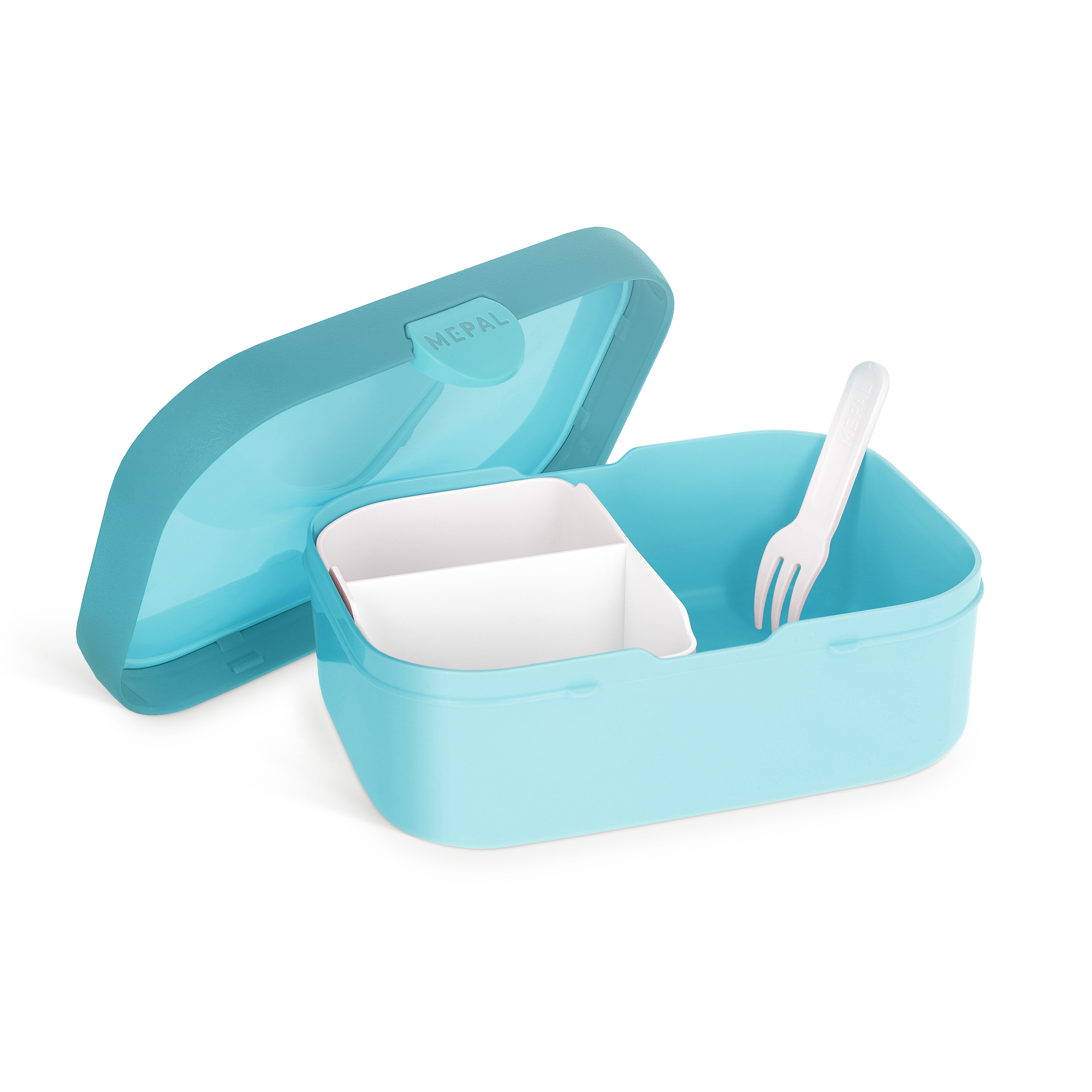 Open light blue personalized Mepal lunchbox with internal bento tray and a white fork. Their name makes lunchtime special.