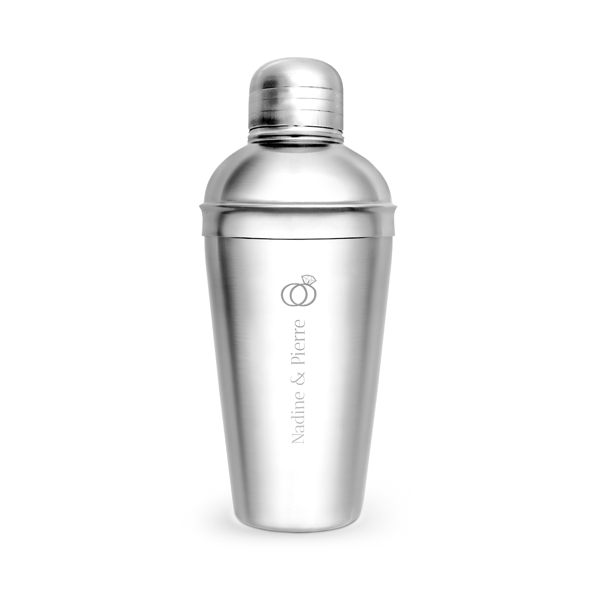 Shaker à cocktail en acier inoxydable pour les amateurs de cocktails, gravé avec le texte "Nadine & Pierre" et un motif d'anneau.