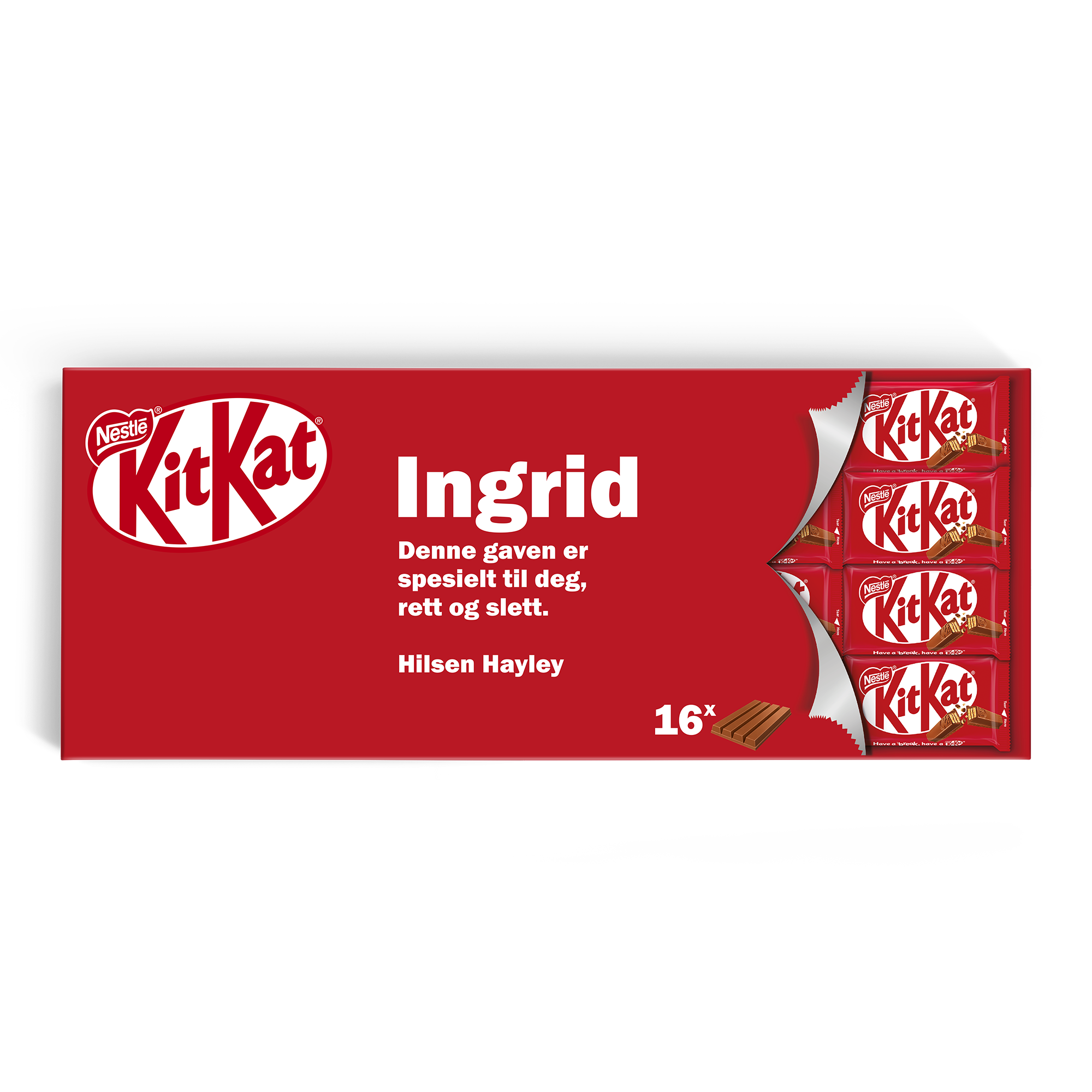 Personlig gigant KitKat-sjokolade, trykt med navn Ingrid og melding.