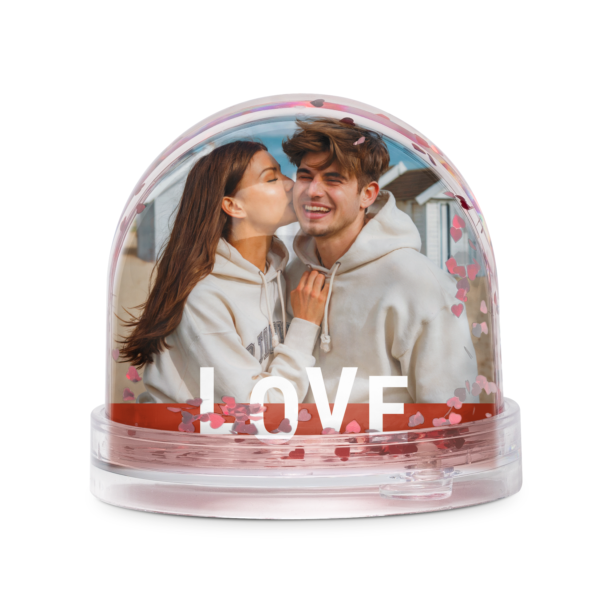 Personalised Snow Globe with a couple's photo and printed "LOVE" text, surrounded by red heart confetti