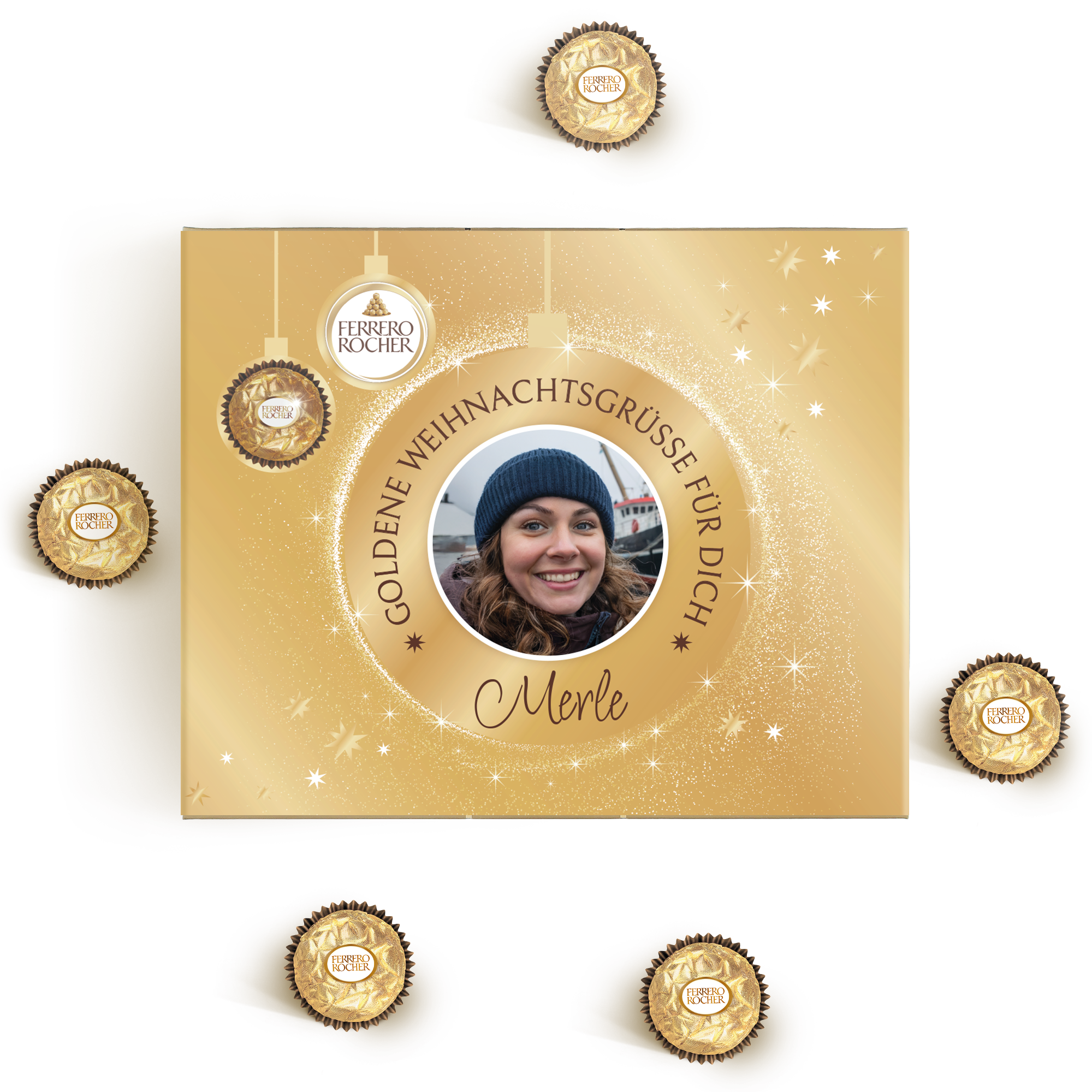 Ferrero Rocher personalisiert mit Foto und dem Namen Merle in goldenen Weihnachtsgrüßen gedruckt