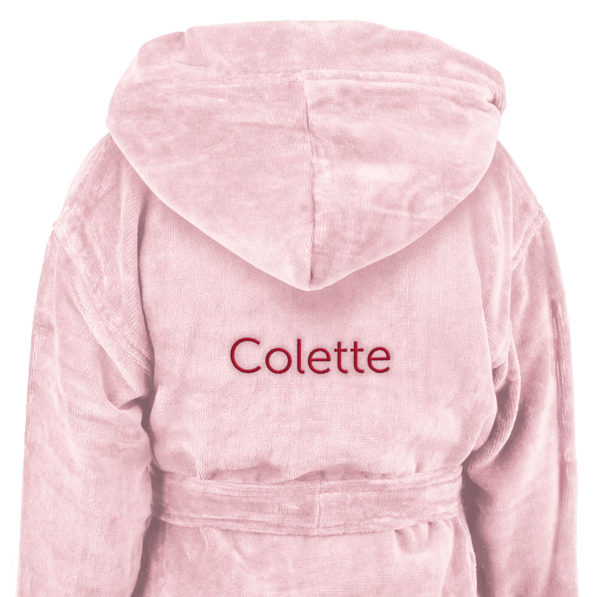 Peignoir rose super doux personnalisé avec le prénom Colette brodé en rouge pour surprendre votre enfant.