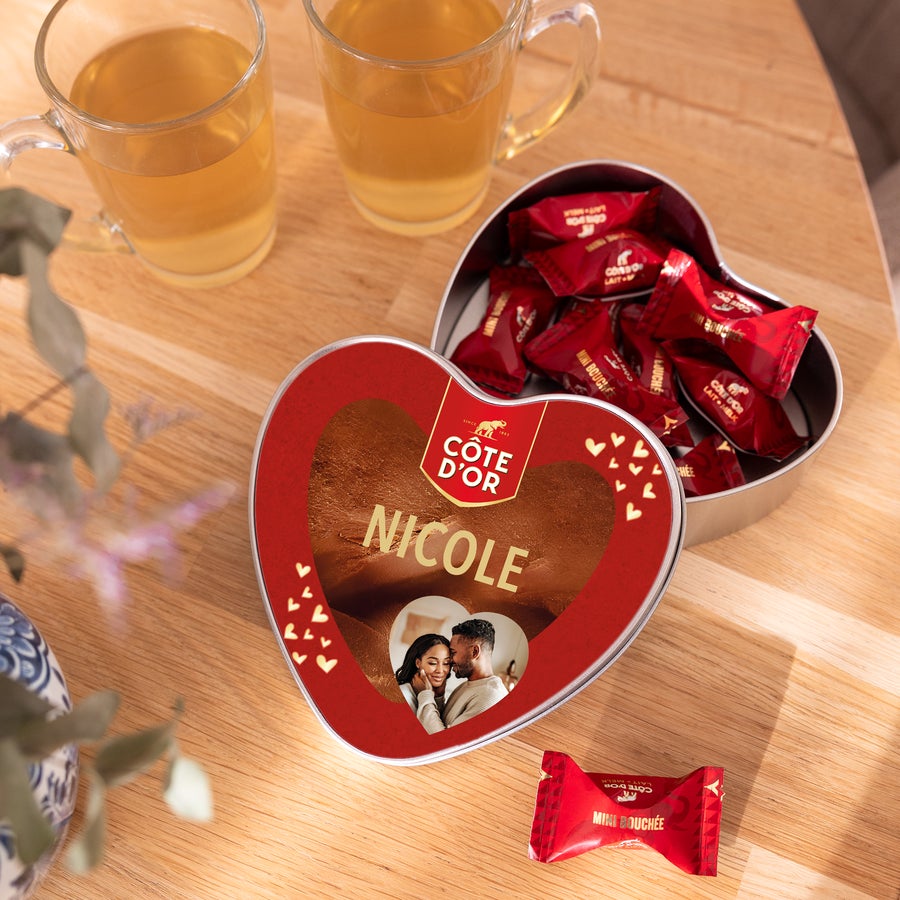 Personalised Gift Tin - Côte d'Or Mini Bouchée Personalised gift tin - Heart - Côte d’Or Mini Bouchée Chocolate Box, custom printed with photo and name Nicole