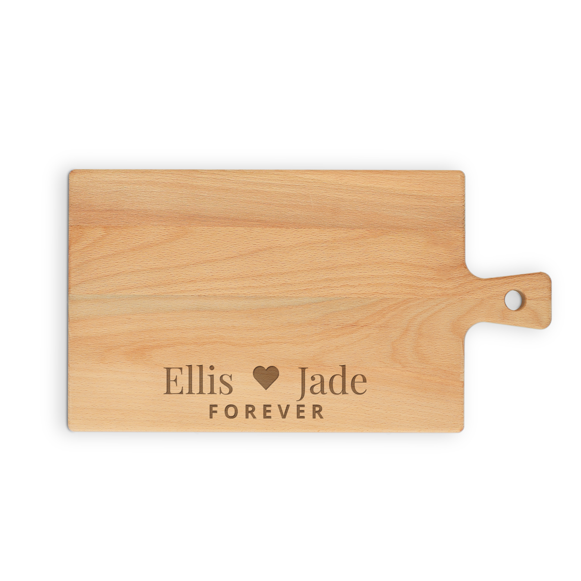 Bandeja de madera personalizada para snacks con nombres Ellis y Jade, grabada con la palabra FOREVER y un corazón.