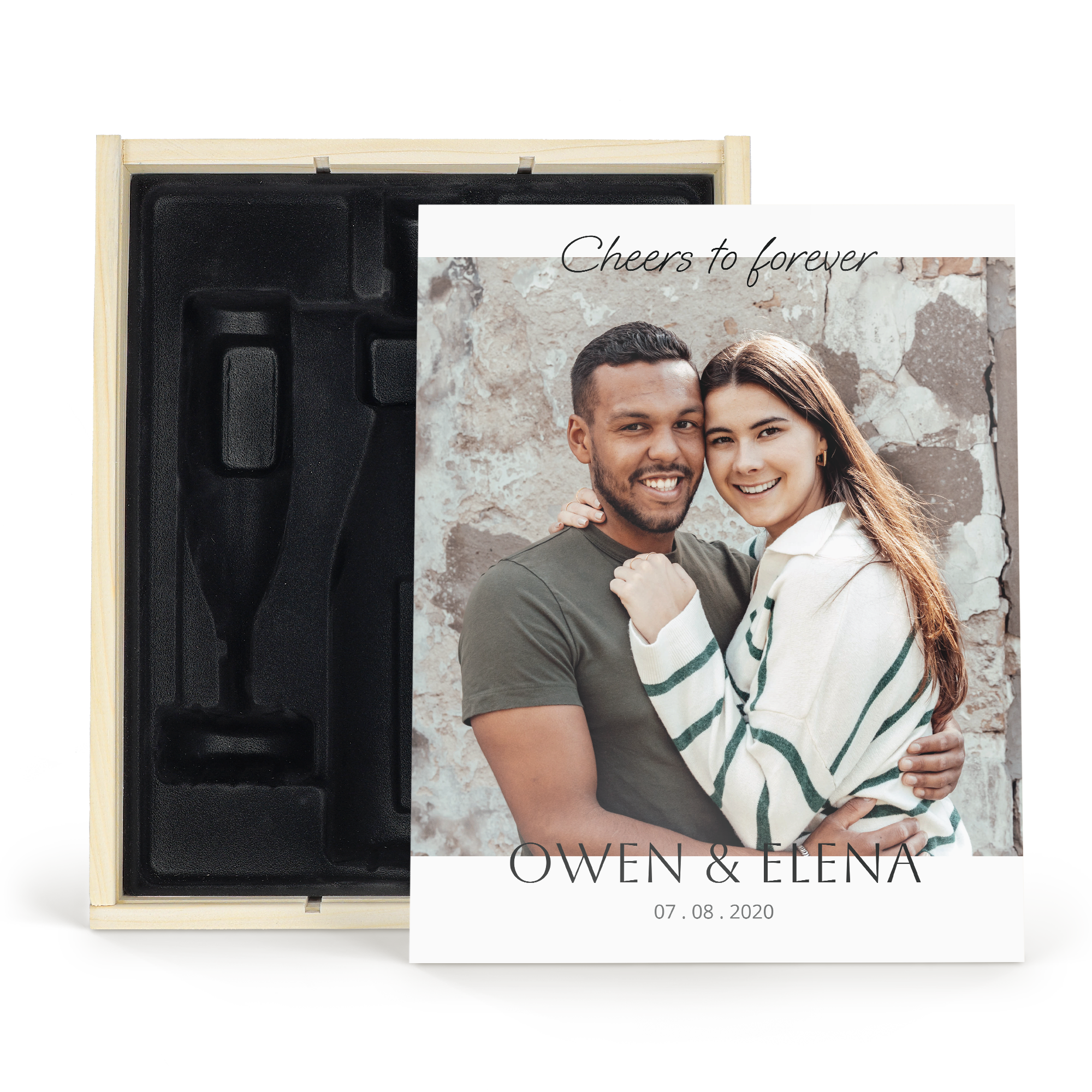 Deluxe wooden case with personalised print of a couple, names Owen & Elena, date 07.08.2020, and text "Cheers to forever", designed with space for a bottle and 2 champagne glasses.