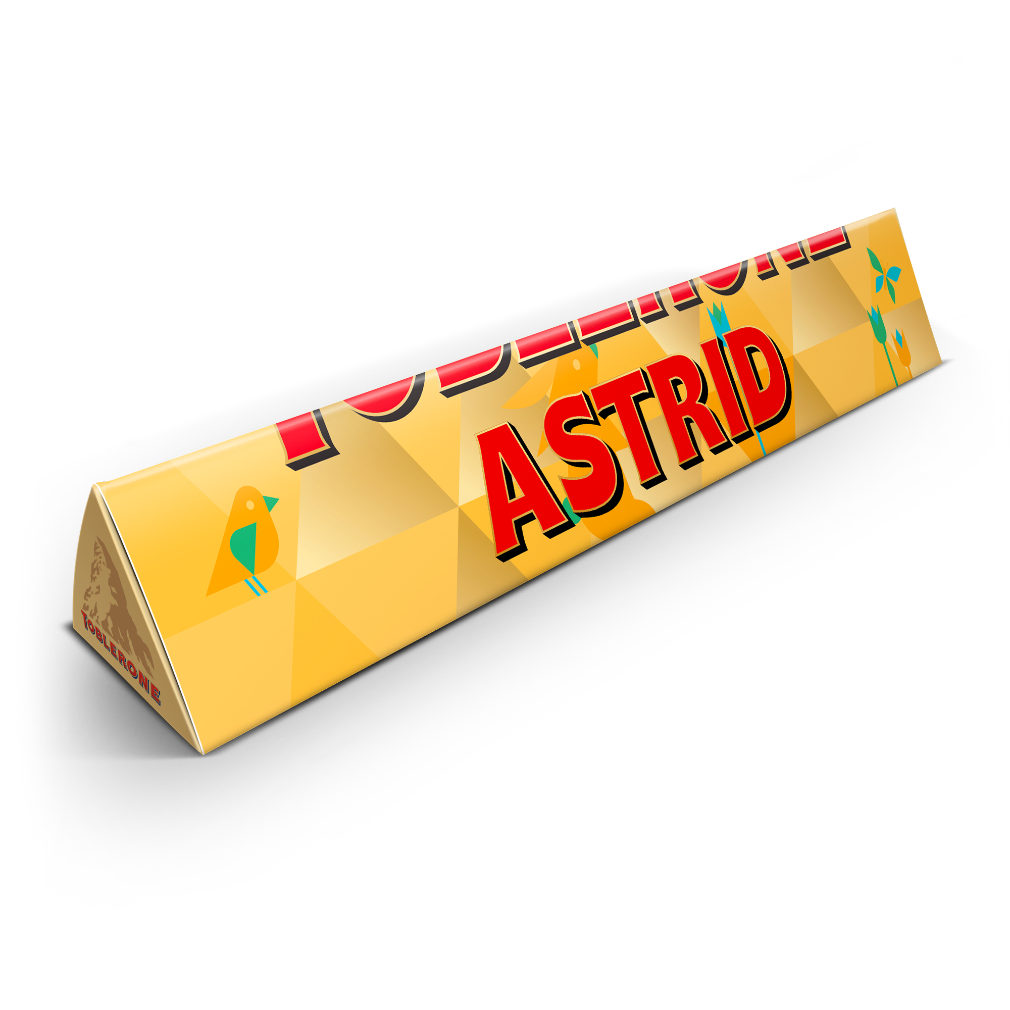 En personaliserad Toblerone XXL med namnet Astrid tryckt i rött, med guldfärgade trianglar och färgglada fåglar.