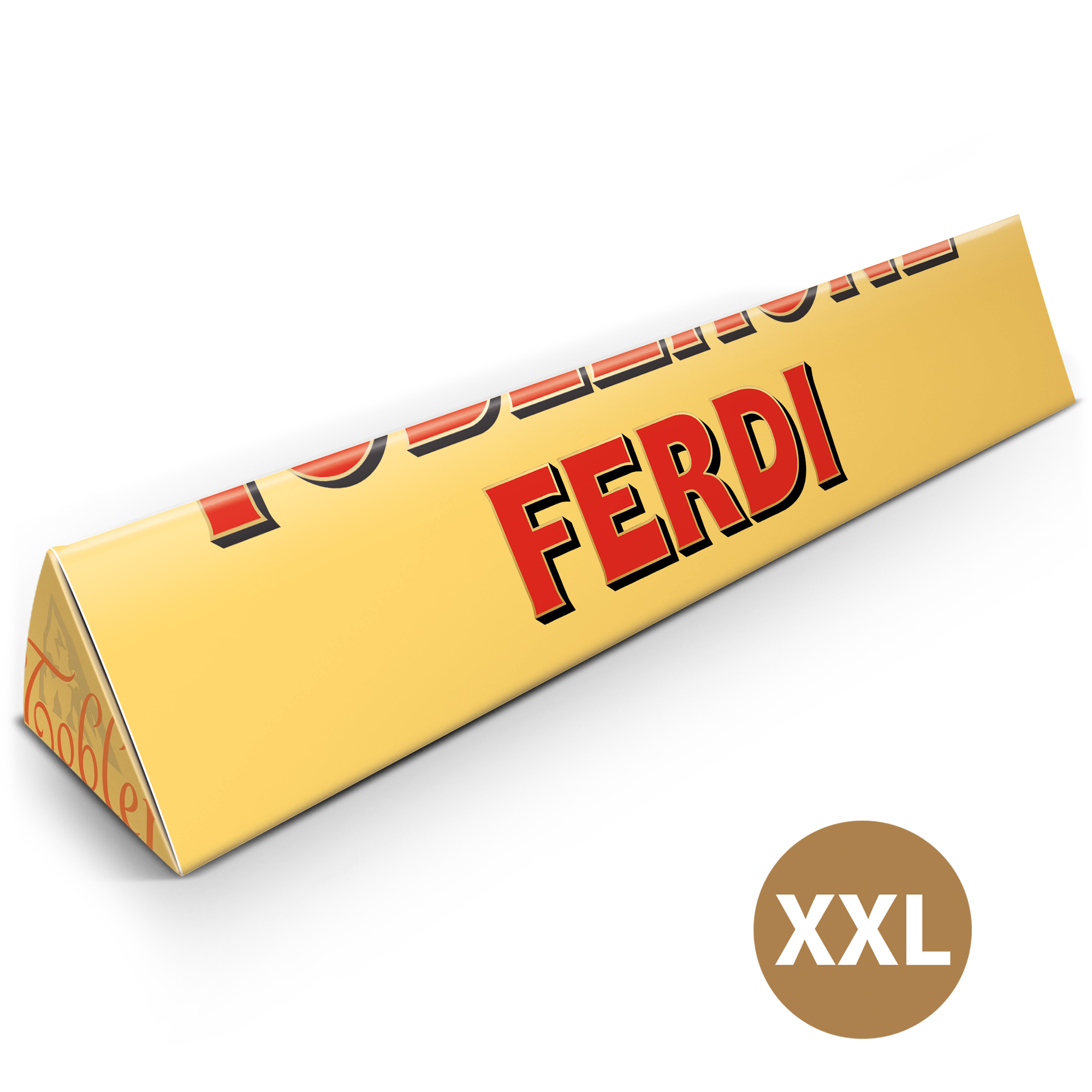 Gepersonaliseerde XXL Toblerone reep met de naam 'Ferdi' op de wikkel bedrukt. Deze persoonlijke XXL Toblerone reep is echt een MEGA grote verrassing.