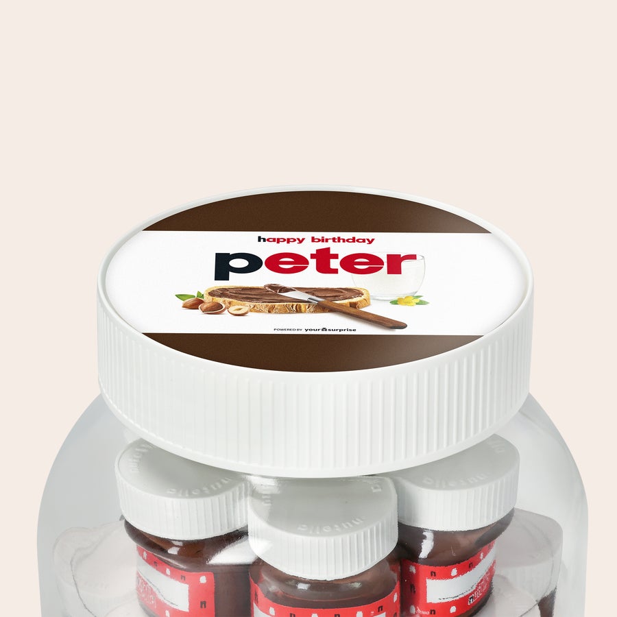 Personalisiertes nutella® Glas XL mit Namen und Foto XL nutella Glas mit personalisiertem Deckel, bedruckt mit dem Namen Peter und "happy birthday"