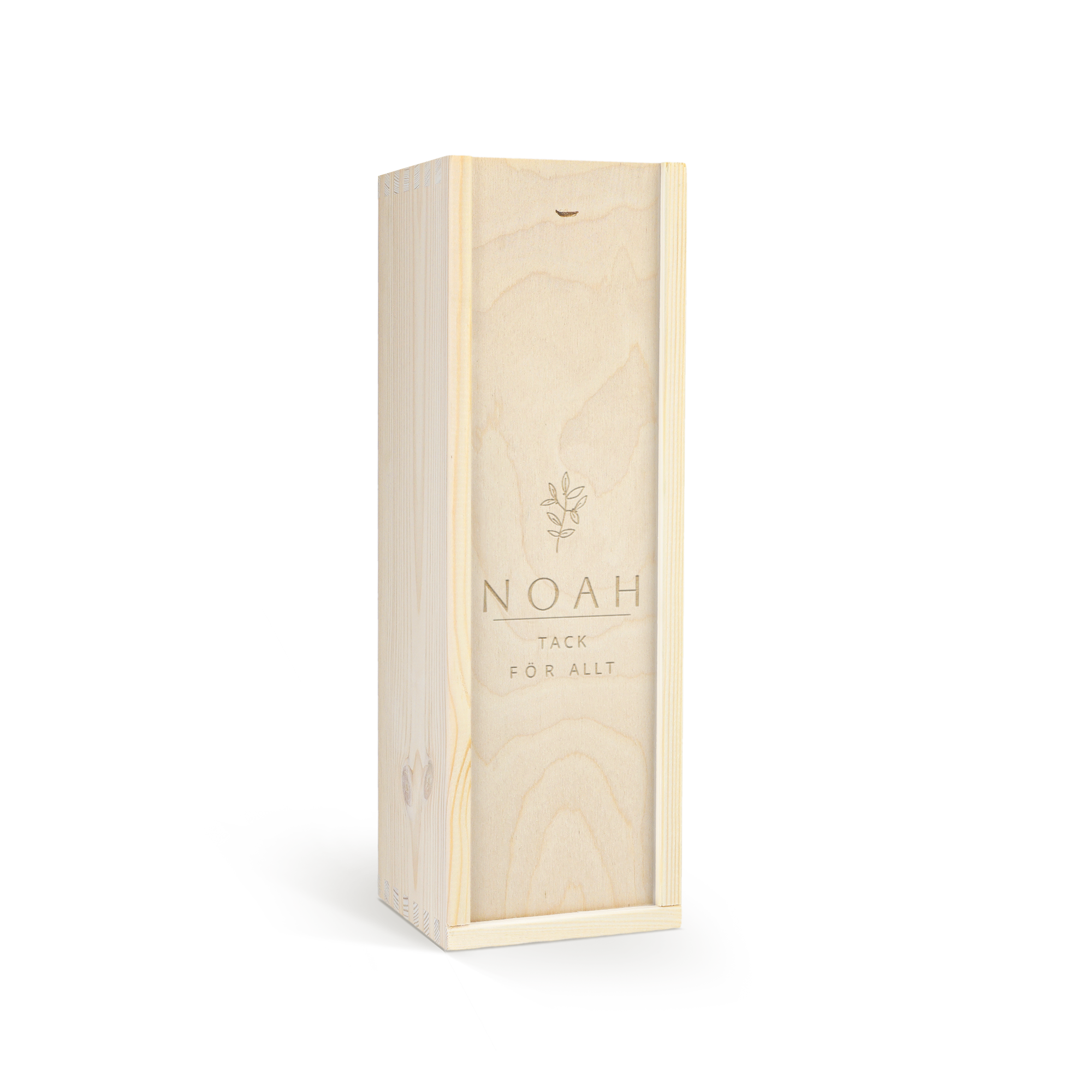 Graverad trälåda med Schrobbelèr-likör och texten NOAH TACK FÖR ALLT, som en personlig present