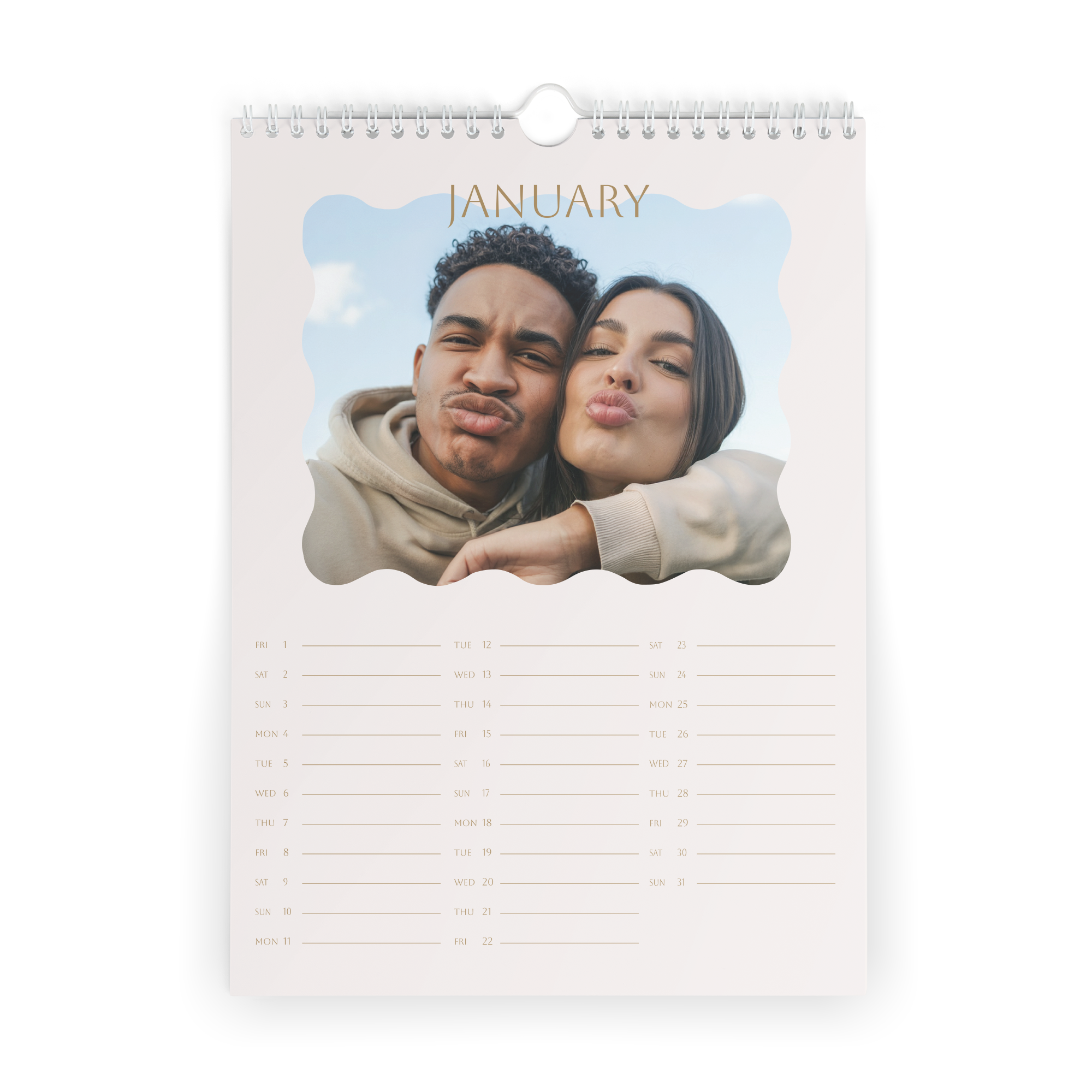 Personalized Printed Calendar for 2026 - Vertical featuring a custom photo of a couple printed above monthly dates