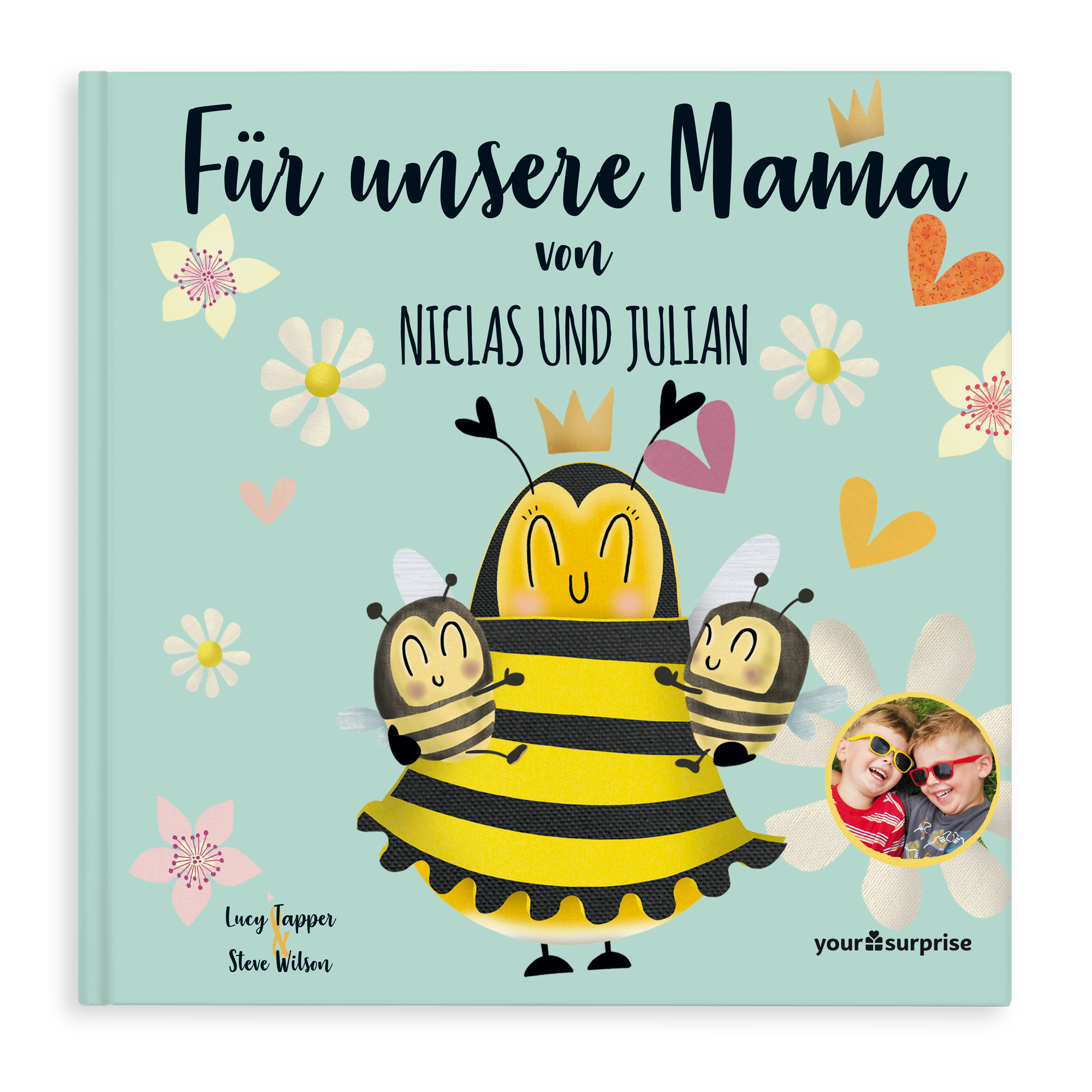 Lustiges Buch "Für unsere Mama" personalisiert mit den Namen Niclas und Julian, Bienen-Illustrationen und Foto