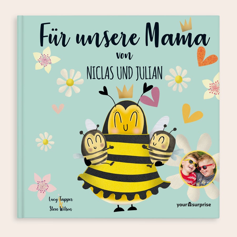 Personalisiertes Buch Mama Lustiges Buch "Für unsere Mama" personalisiert mit den Namen Niclas und Julian, Bienen-Illustrationen und Foto