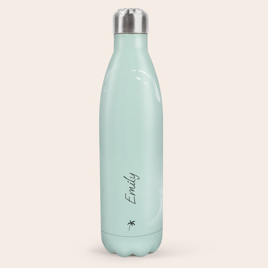 Sticla de apa personalizata Termos personalizat verde mentă cu nume Emily imprimat și palmier, pentru creșterea hidratării.
