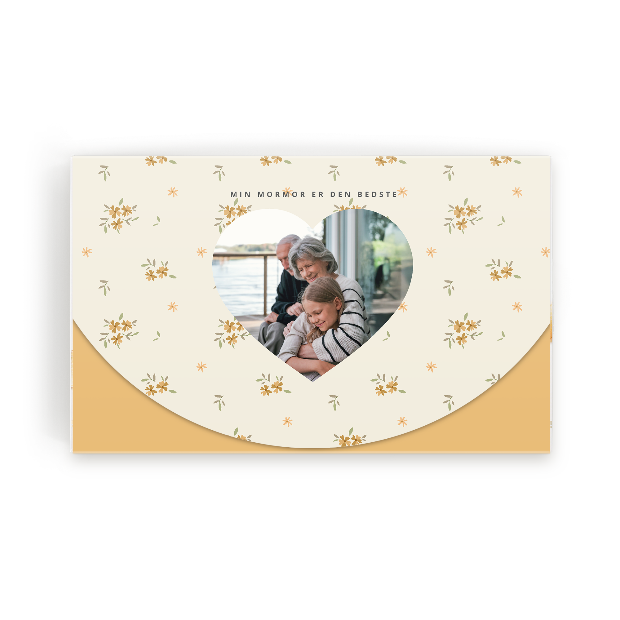 Personlig chokoladeæske med klassiske praliner, fotoprint med bedsteforældre og barnebarn, teksten Min mormor er den bedste