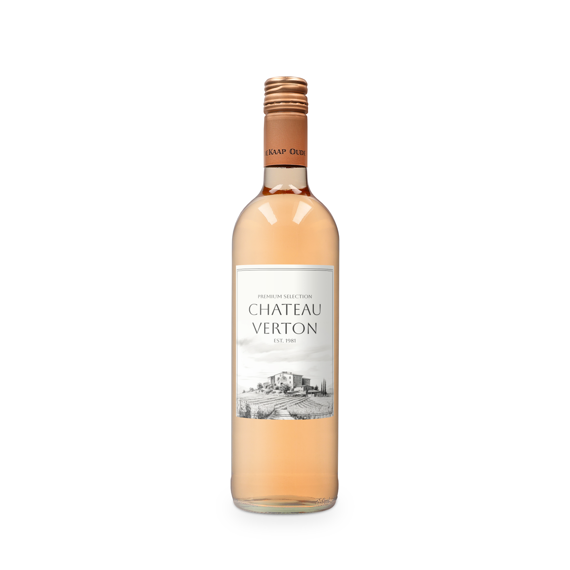 Fles Oude Kaap rosé wijn met persoonlijk etiket bedrukt met foto van een kasteel en wijngaard