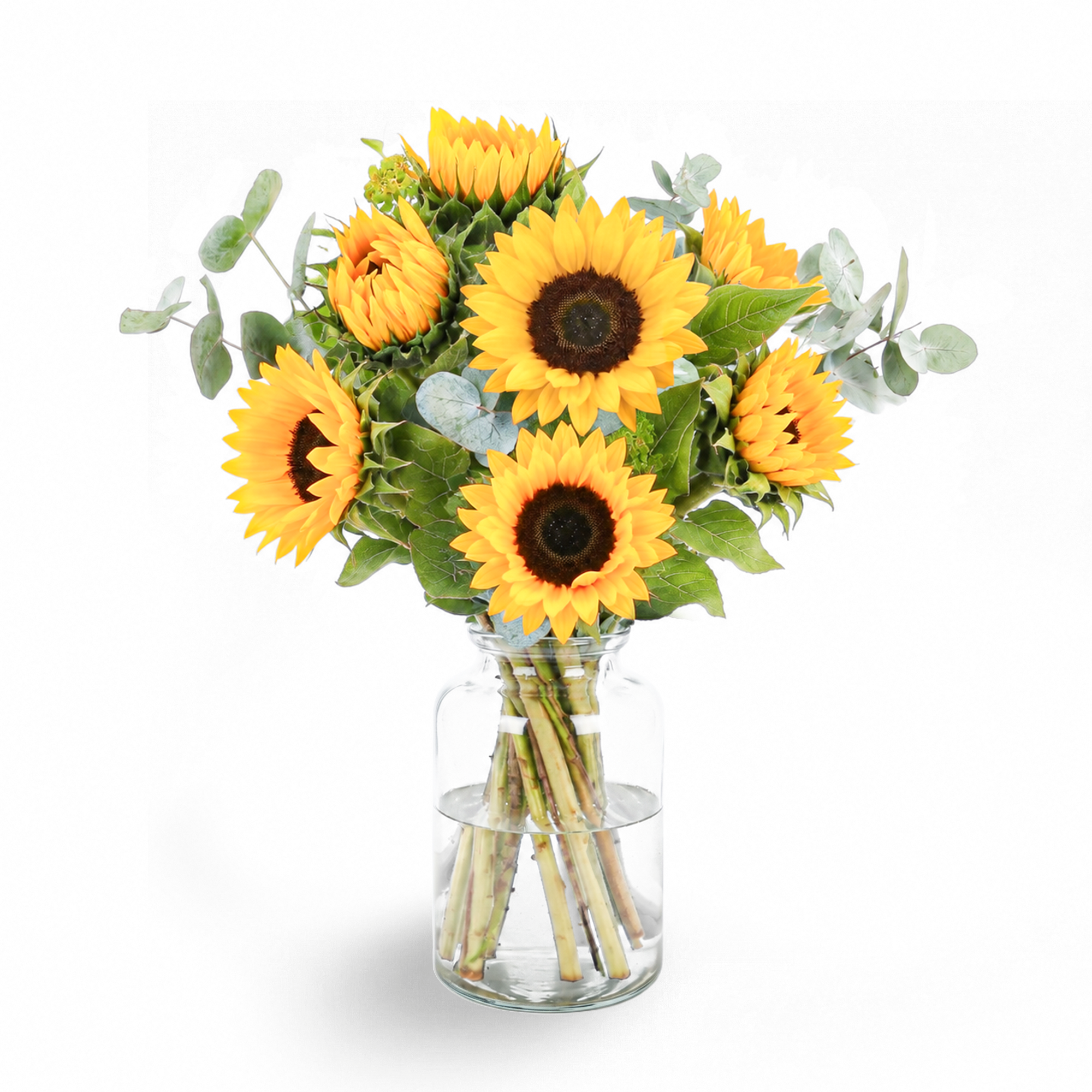 Bloemen Zomerboeket Middel zonnebloemen met eucalyptus in een glazen vaas om zelf te personaliseren.