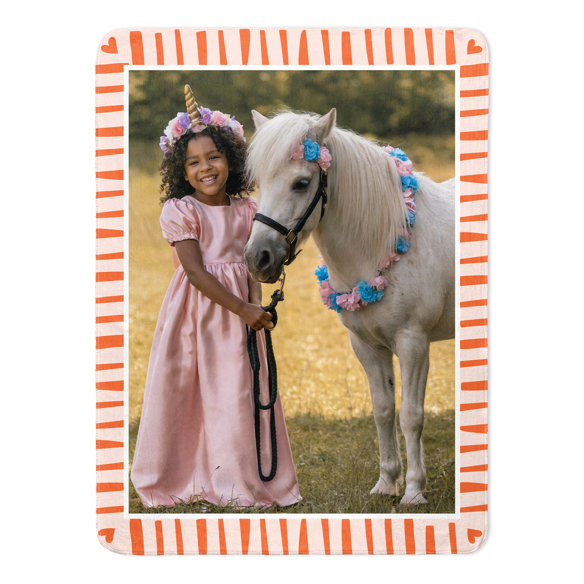 Personalized fleece photo blanket printed with a smiling girl and a pony
