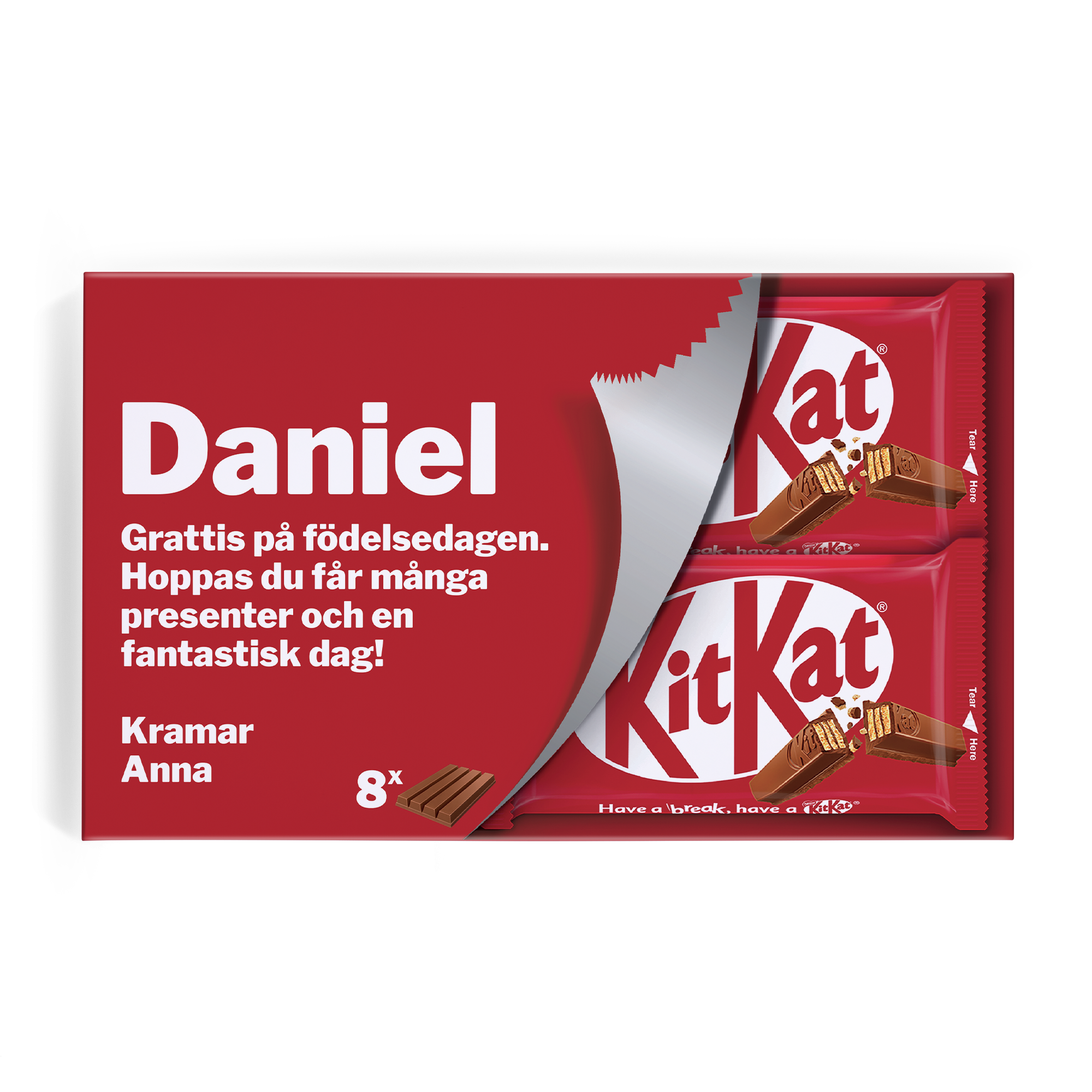KitKat Bars presentförpackning med tryckt meddelande Grattis på födelsedagen och hälsning Kramar Anna