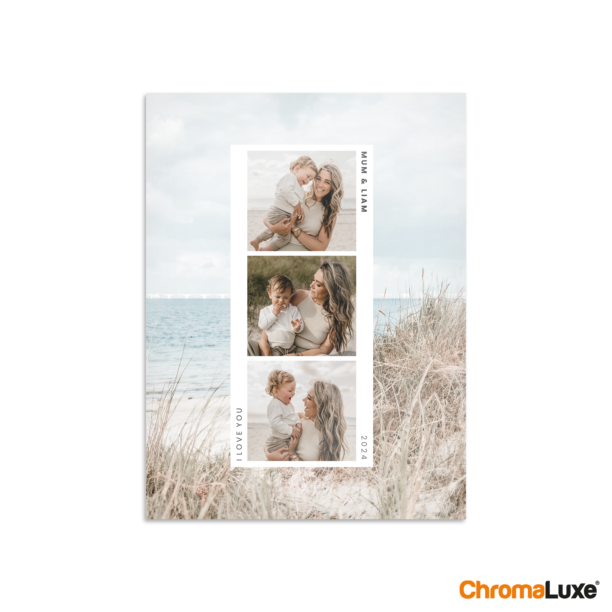 Chromaluxe aluminium photo print with three custom photos of a mum and child and personalized text