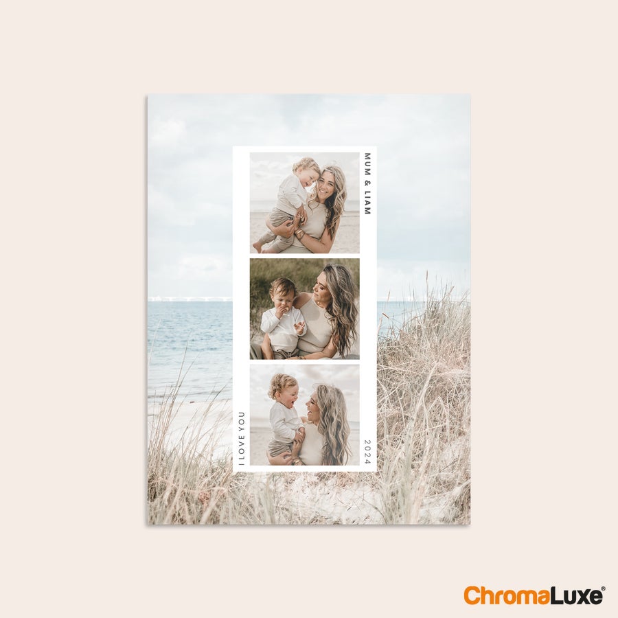 Aluminium photo panel Chromaluxe aluminium photo print with three custom photos of a mum and child and personalized text