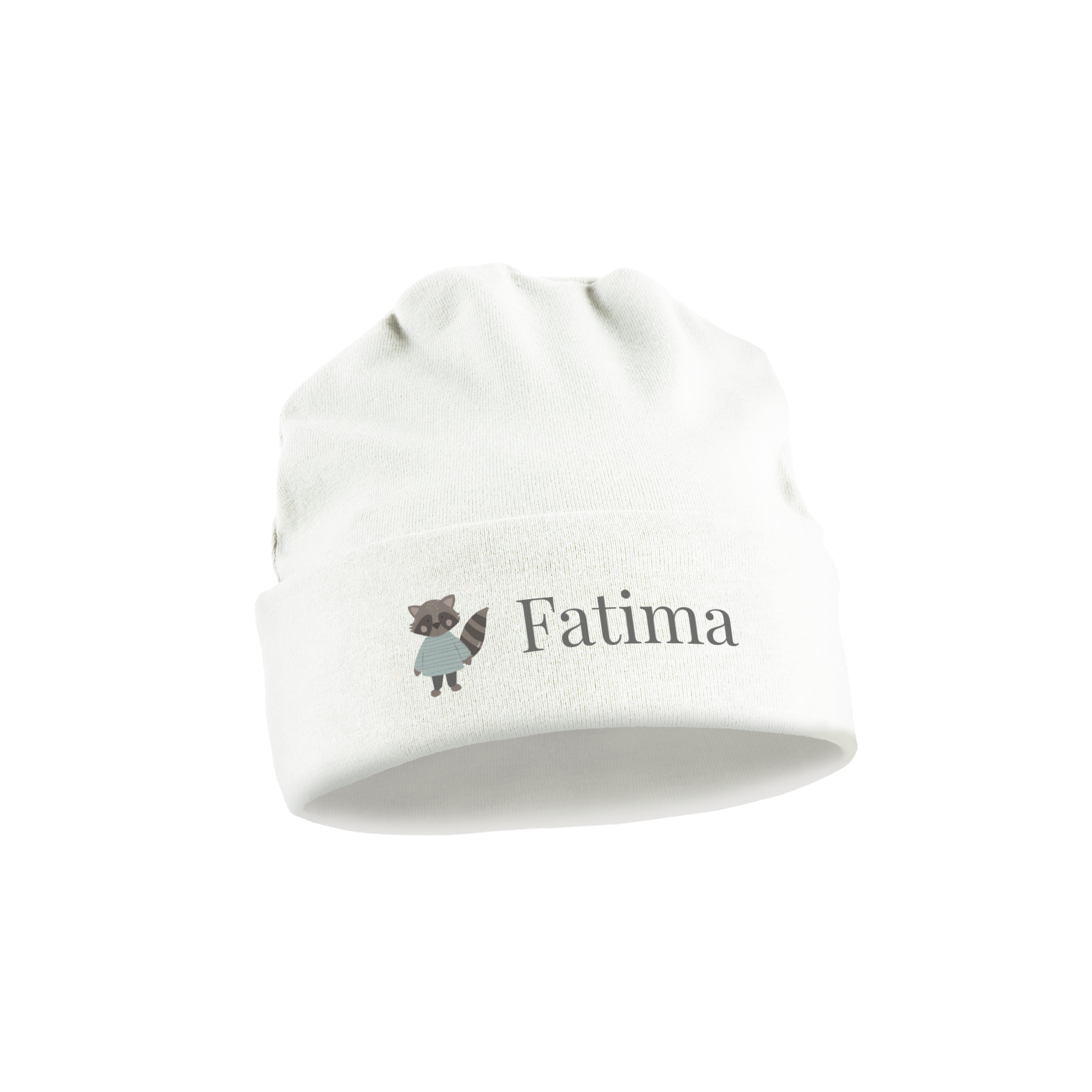 Bílý dětský klobouk s potiskem mývala a jménem Fatima, perfektní dárek pro miminka