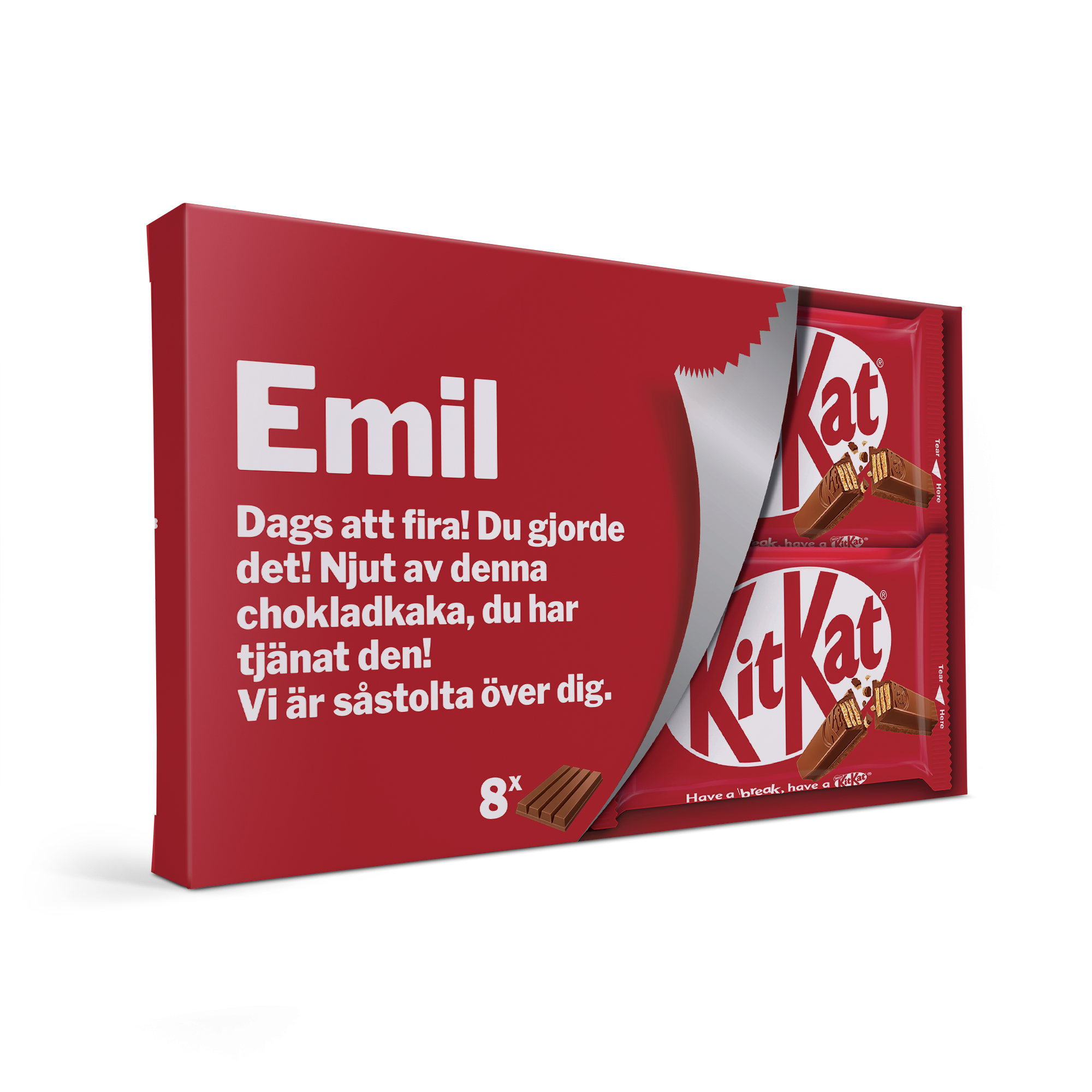 KitKat Bars presentförpackning röd med personligt namn och meddelande tryckt i vitt, innehåller 8 KitKat chokladkakor.