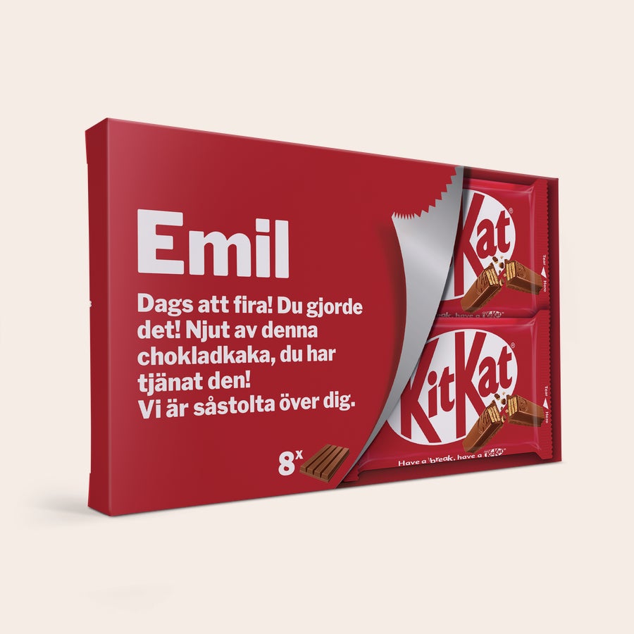 Personlig presentförpackning för KitKat Bars KitKat Bars presentförpackning röd med personligt namn och meddelande tryckt i vitt, innehåller 8 KitKat chokladkakor.