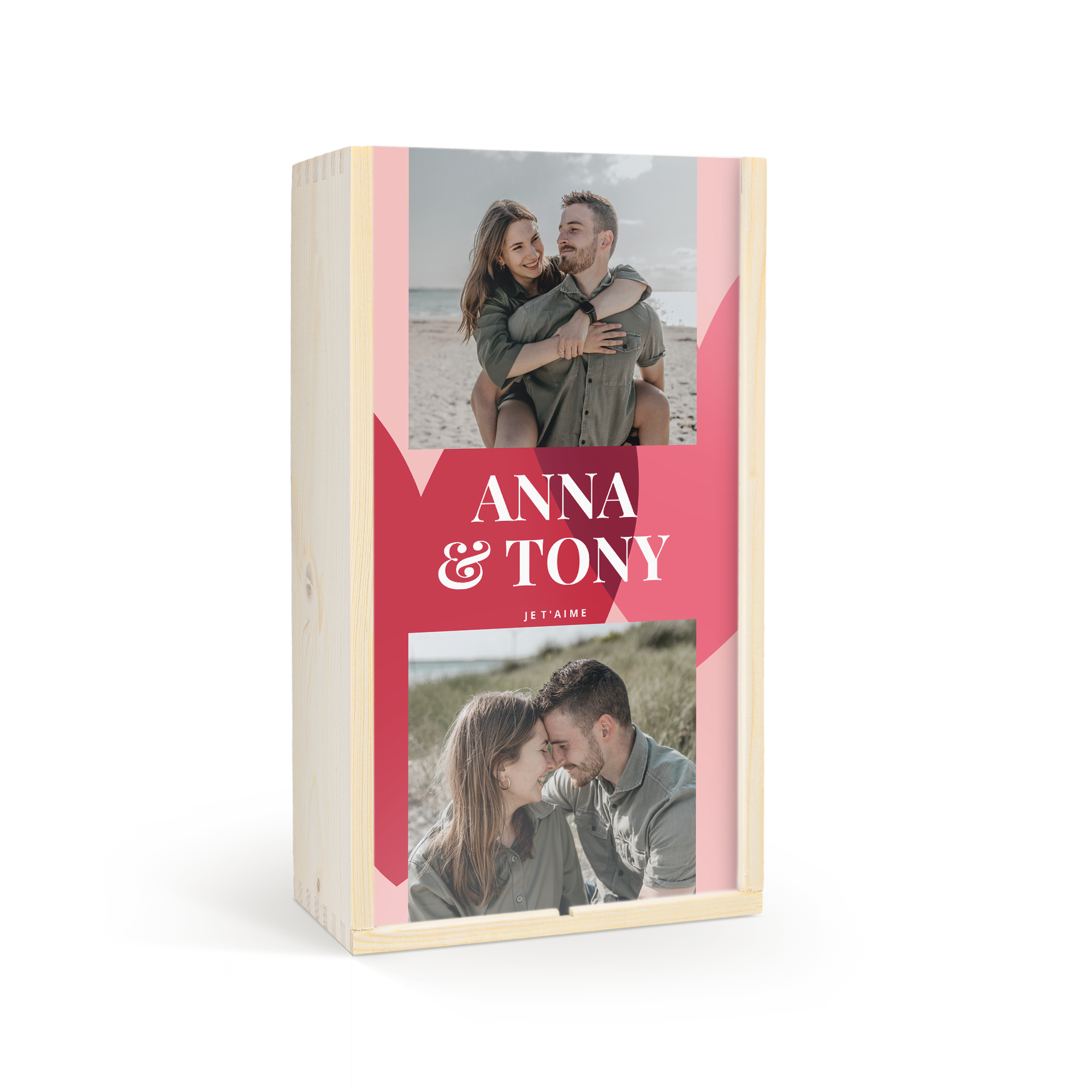 Coffret gin-tonic personnalisé en bois avec photos du couple Anna et Tony imprimées