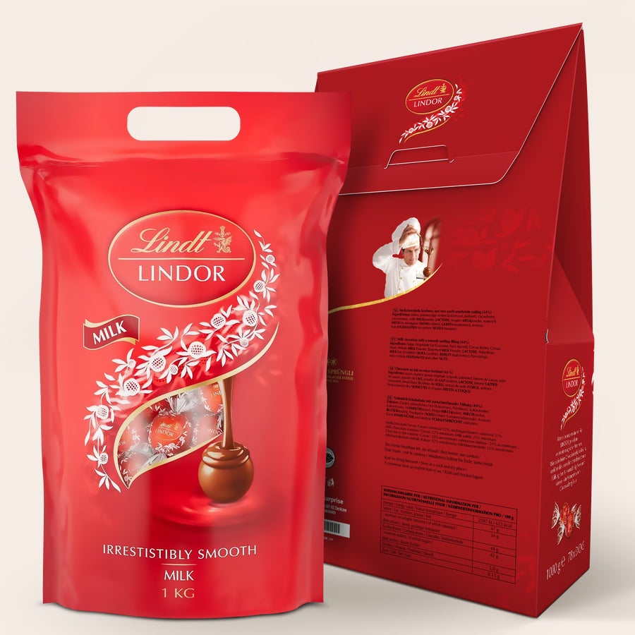 Caja de regalo de chocolate Lindt de 1 kg Caja de regalo personalizada con un kilo de bombones Lindor Milk y espacio para foto, nombre y texto.