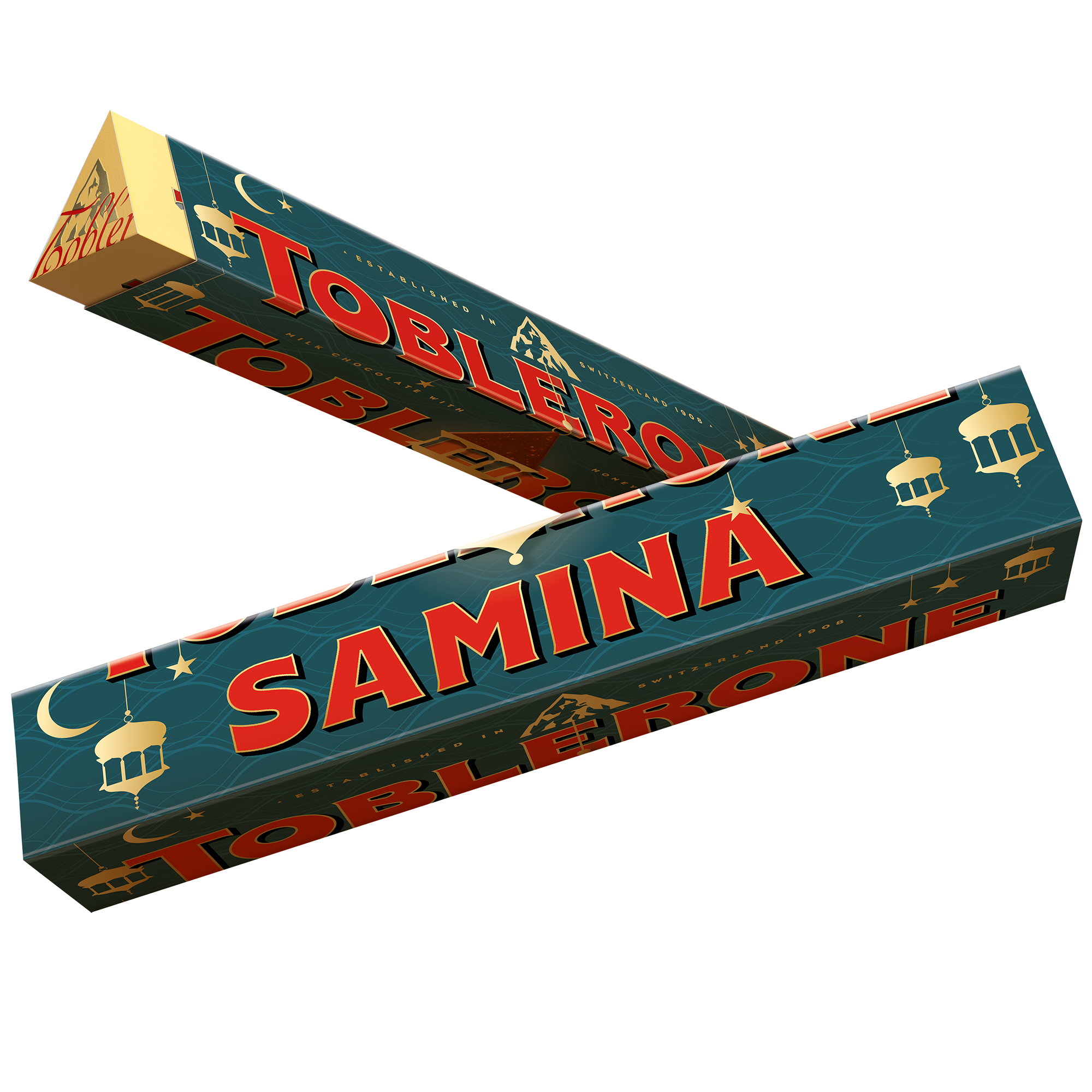 Yksilöllinen Toblerone Ramadan-teemaisessa kääreessä, jossa nimi Samina. Yllätä läheisesi tällä herkullisella suklaalla.