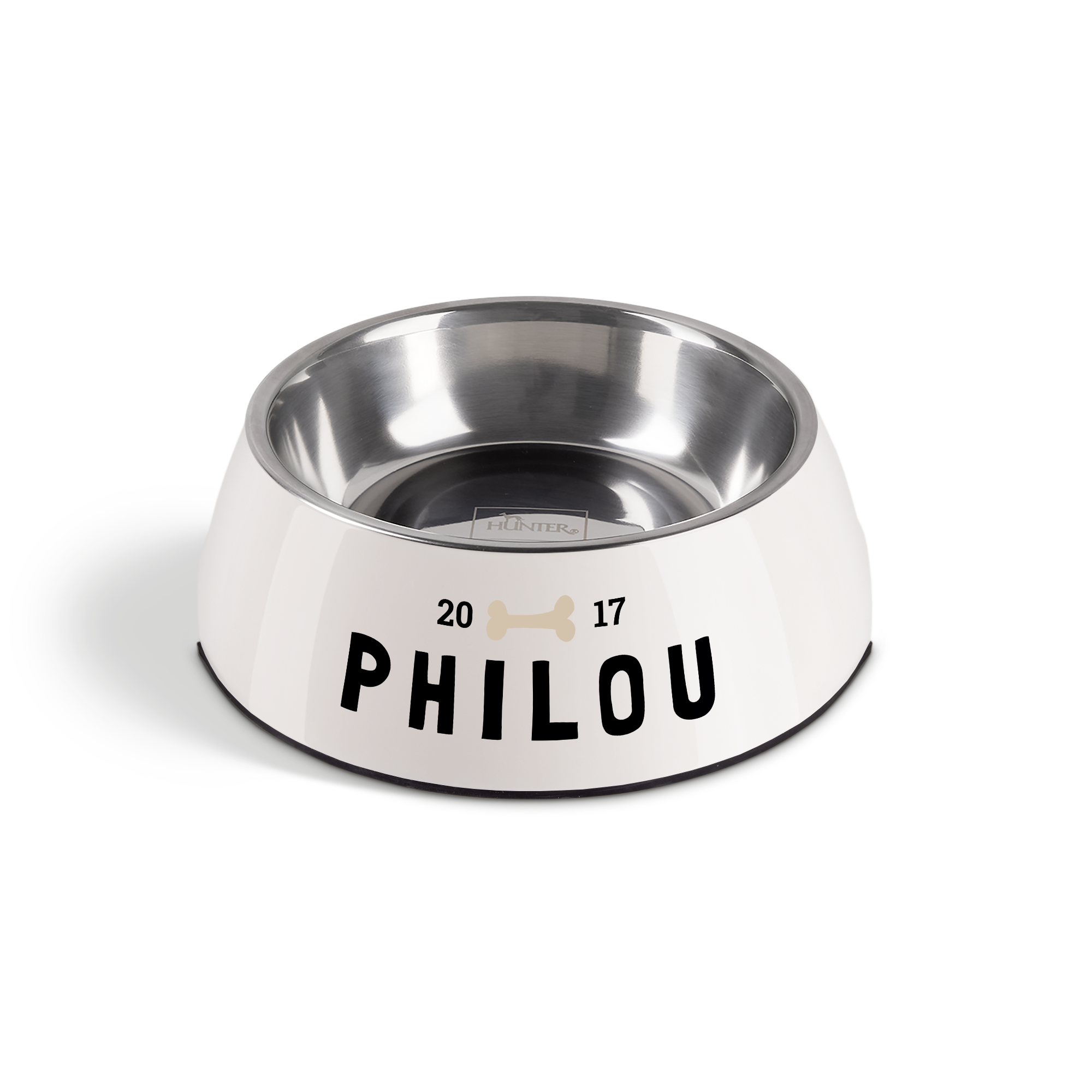Gamelle personnalisée blanche pour chien gravée avec le nom Philou, une année et un os.